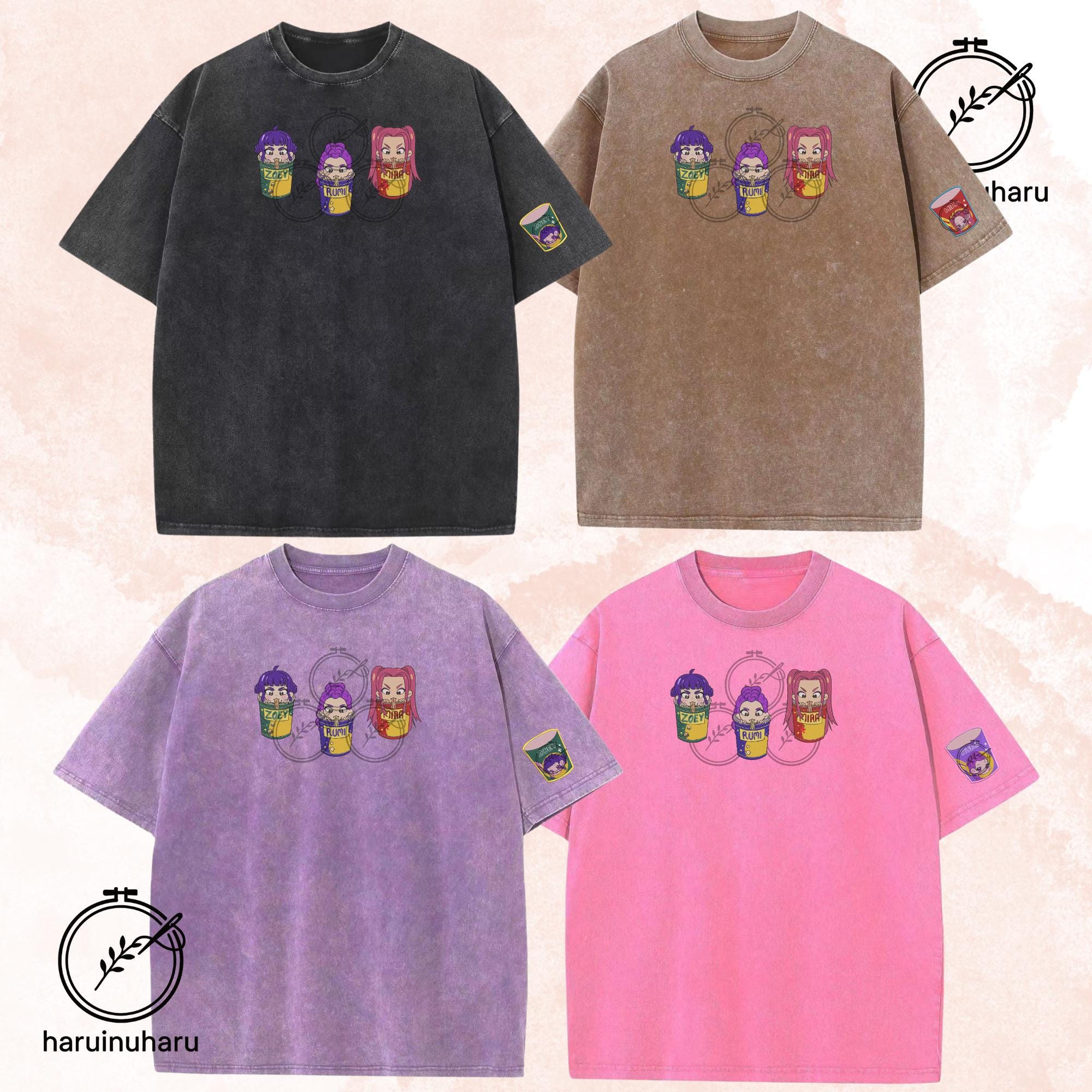 Embroidered KPOP Band Saja Girls Washed TShirt Ramyeon Huntrix Fan Shirt
