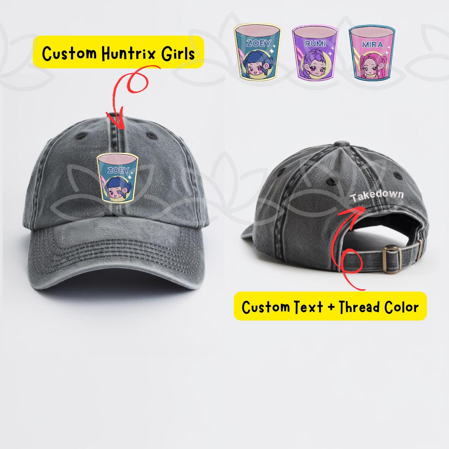 Custom Huntrix Girls With Text Embroidered Washed Hat Demon Hunter Baseball Cap
