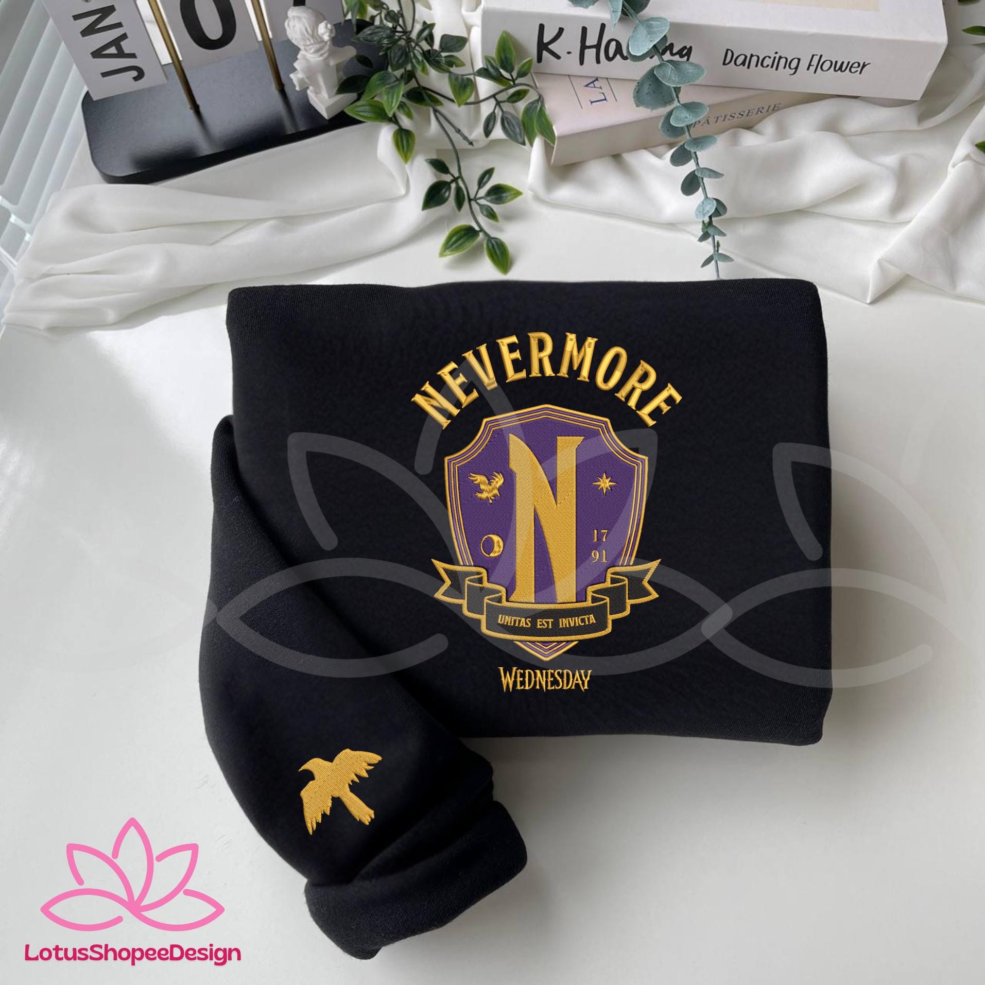 Never More Academy Embroidered Sweatshirt Movie 90s Tshirt Raven Crest Tee Fan Gift