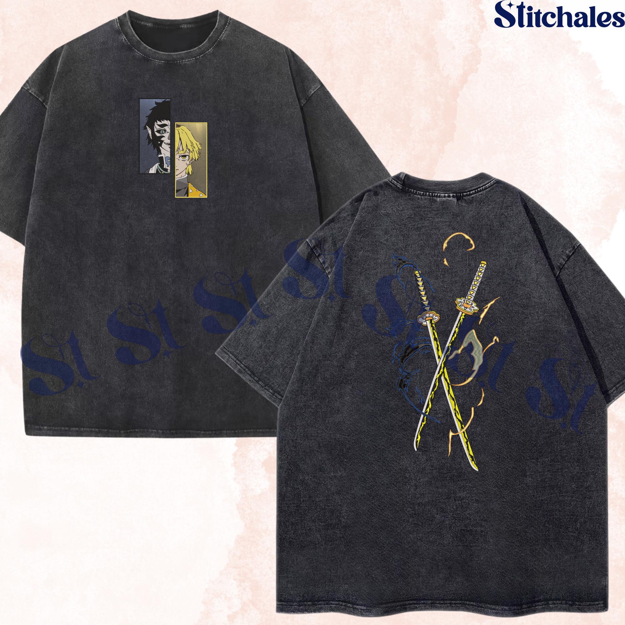 Zenitsu vs Kaigaku - Embroidered Demon Slayer Washed Shirt, God of Fire and Thunder Design