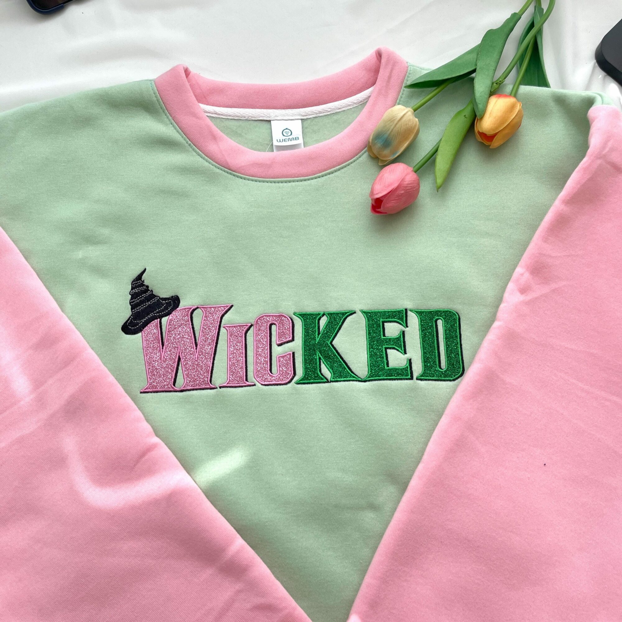 Wicked For Good Glitter Embroidered Color Block Sweatshirt Elphaba Glinda Two Tone Hoodie