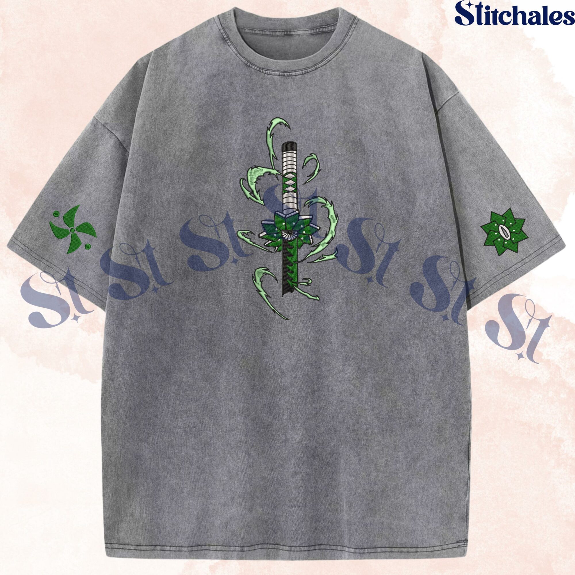 Sanemi – Embroidered Demon Slayer Washed Shirt Wind Breathing Shirt: Primordial God Design