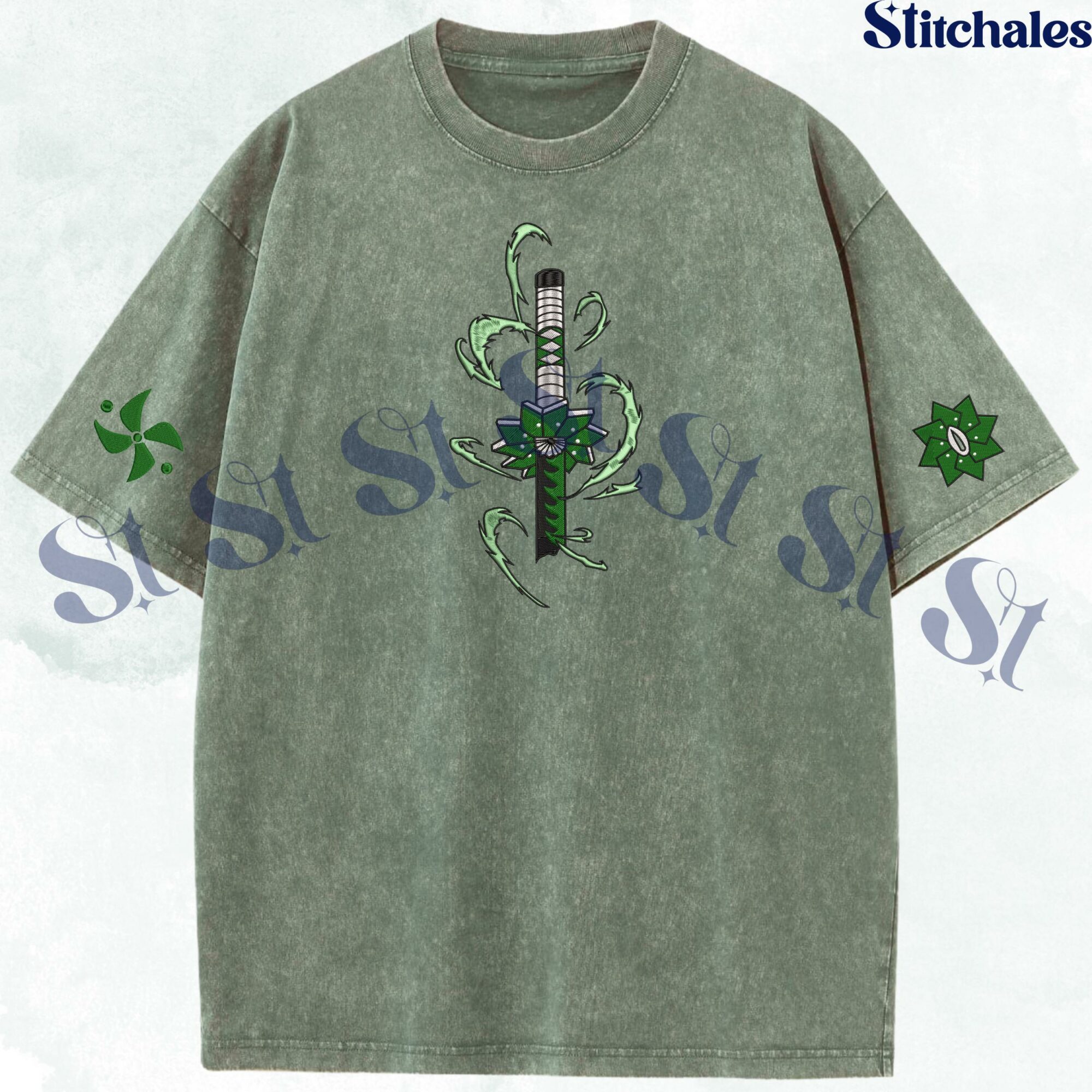 Sanemi – Embroidered Demon Slayer Washed Shirt Wind Breathing Shirt: Primordial God Design