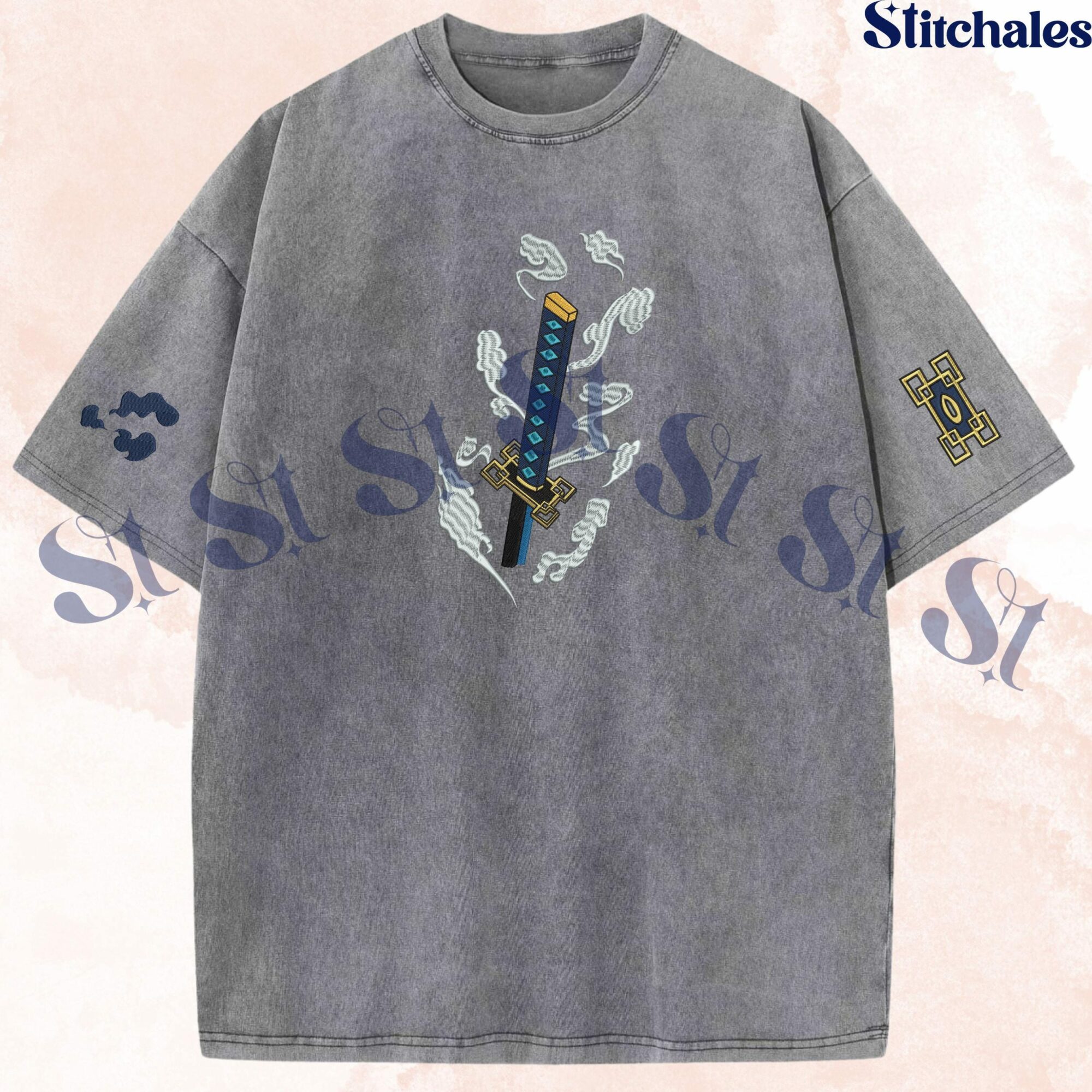 Muichiro – Embroidered Demon Slayer Washed Shirt Mist Breathing Scattering Splash Design