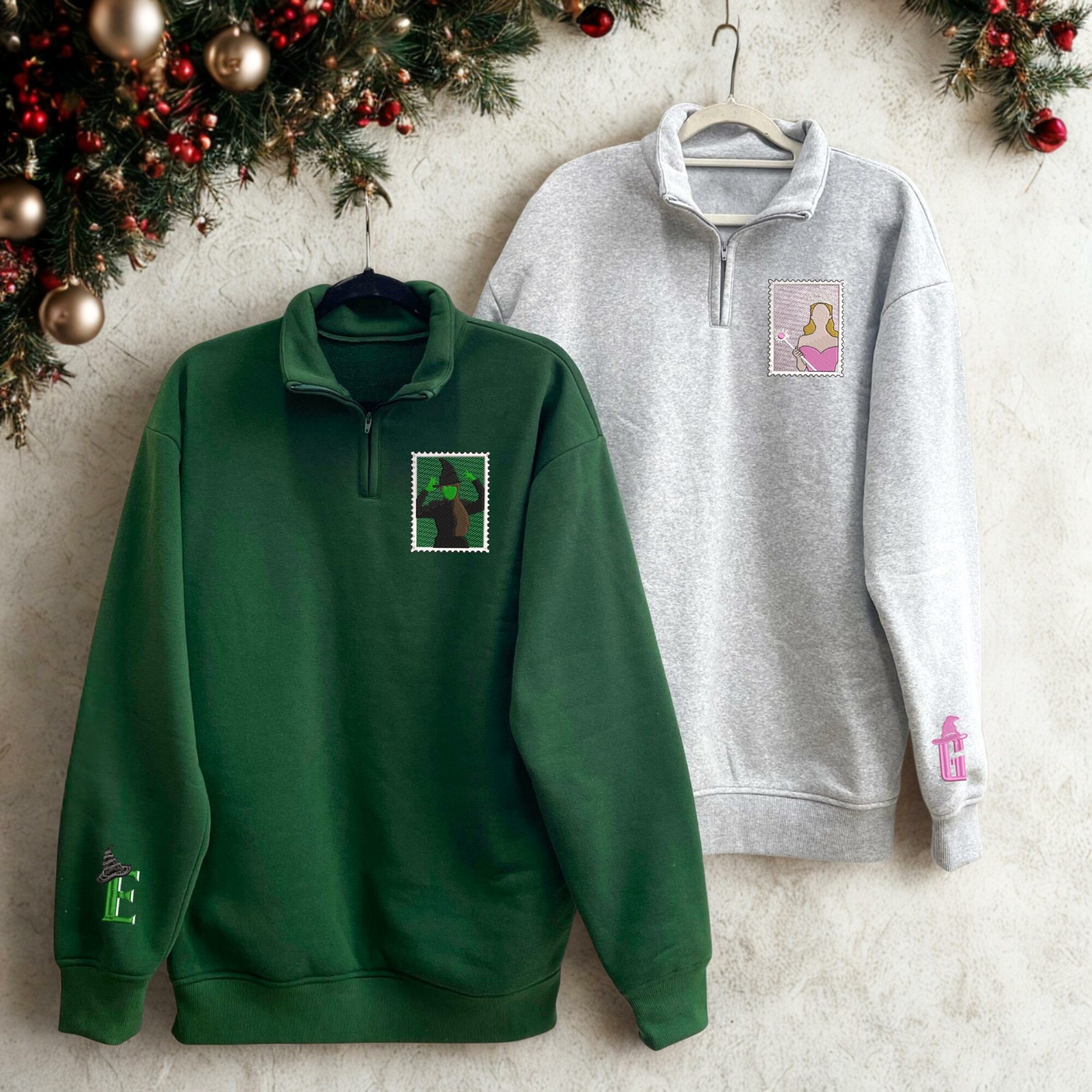 Wicked Elphaba And Glinda Stamp Unisex Embroidered Quarter Zip, Wizard Of Oz, Defying Gravity Embroidery Quarter Zip, Musical Movie Fan Gift