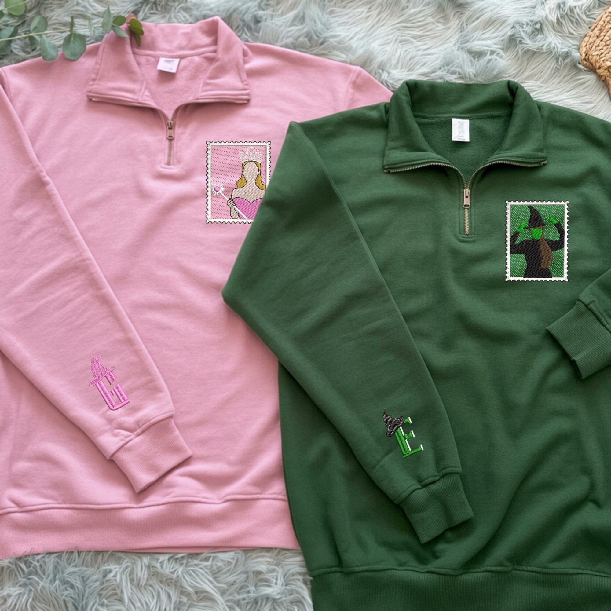 Wicked Elphaba And Glinda Stamp Unisex Embroidered Quarter Zip Wizard Of Oz Defying Gravity Embroidery Musical Movie Fan Gift