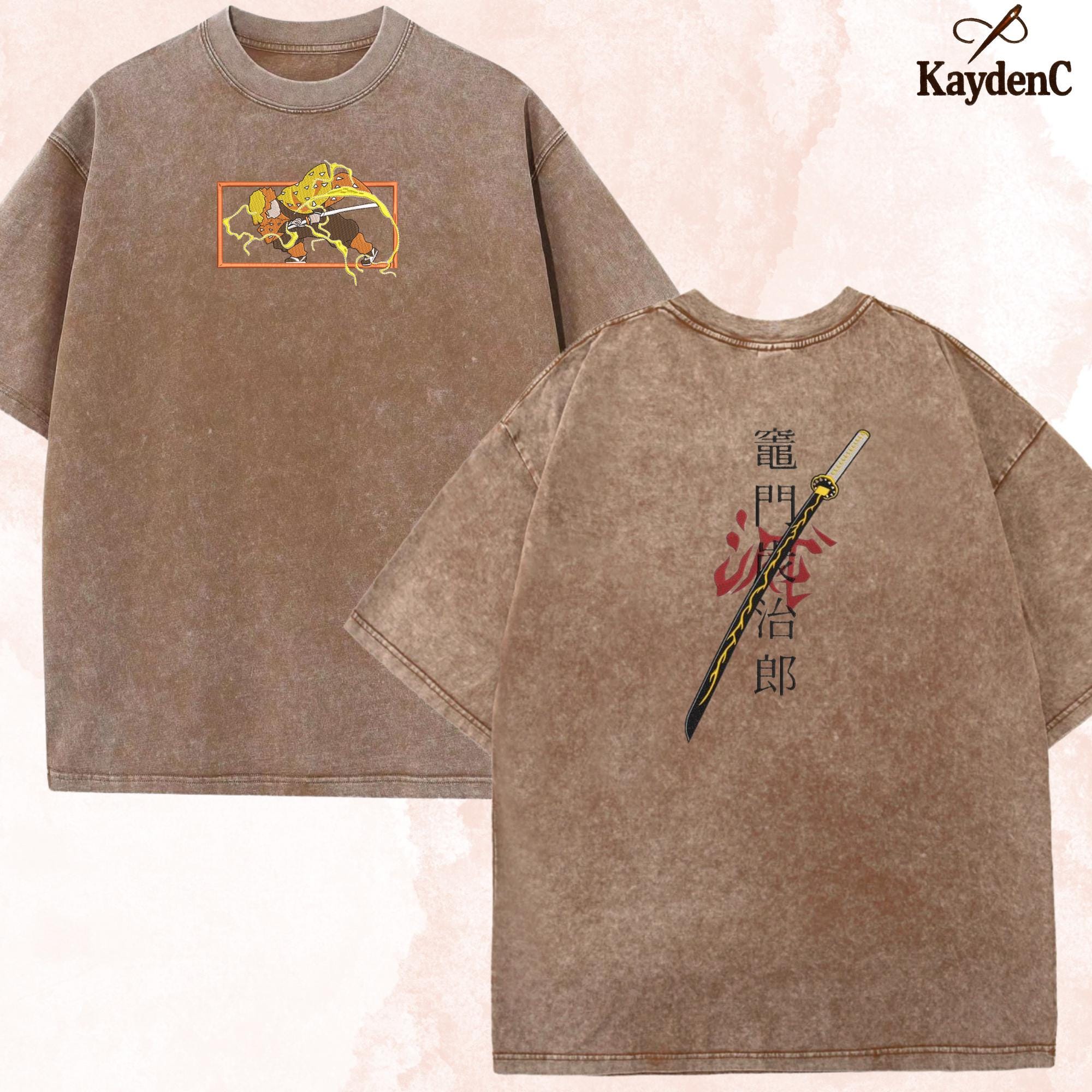 Embroidered Anime Washed Shirt: Thunder Breathing God Of Fire And Design