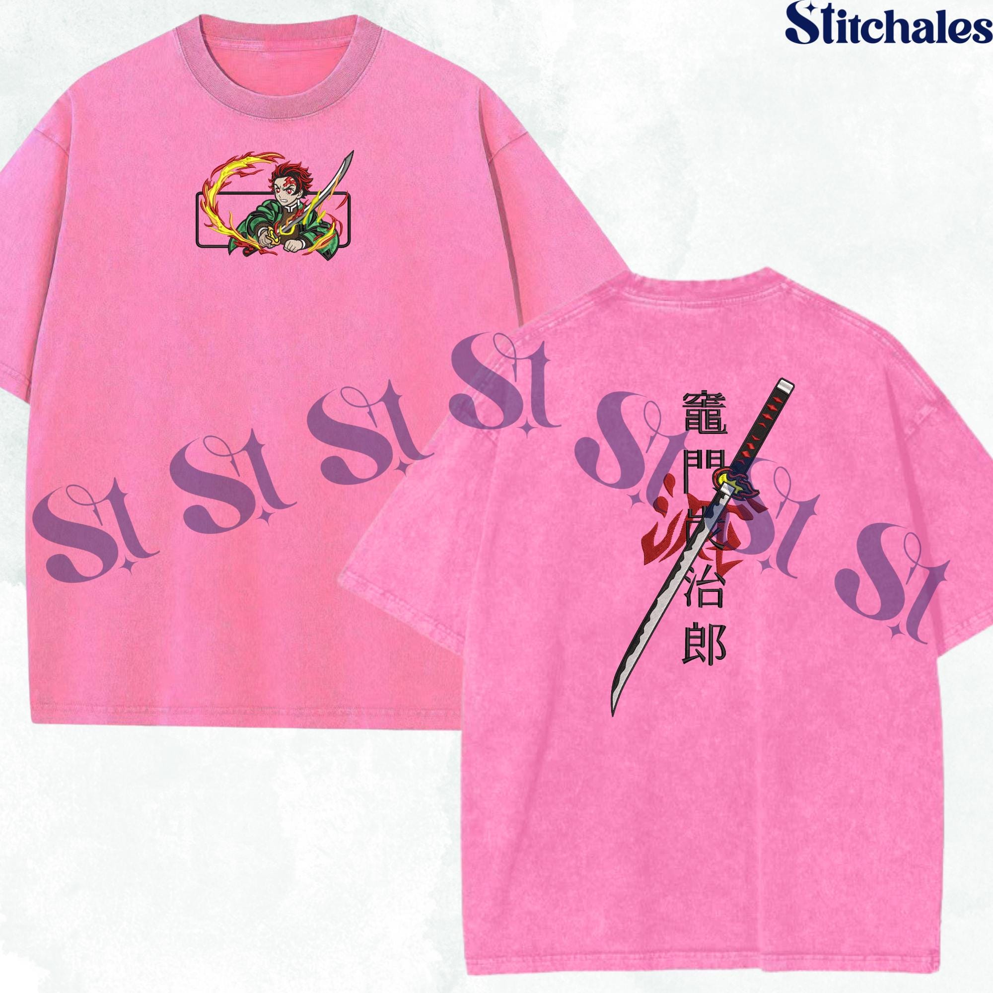 Embroidered Anime Washed Shirt: Thunder Breathing God Of Fire And Design