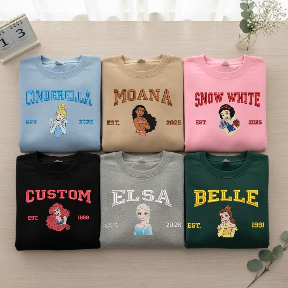 Customized Name Disney Princess Embroidered Sweatshirt Vintage Embroidery Sweater