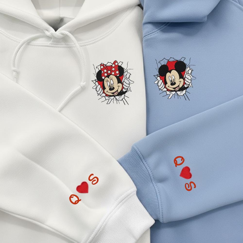 Custom Couple Minnie Mickey Embroidered Sweatshirt Initials With Heart On Sleeve Wedding Anniversary Gift