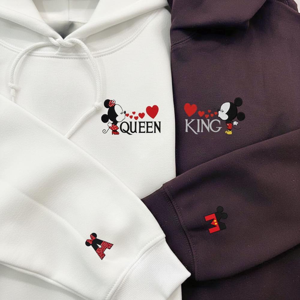 Custom Embroidered Mikey Minie King Queen Couple Sweatshirt Inititials On Sleeve