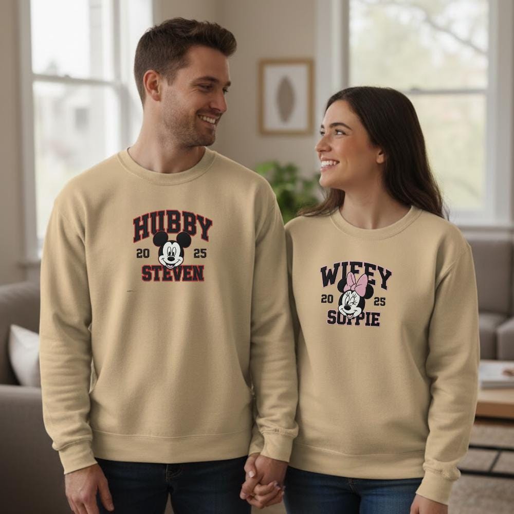 Custom Name Wifey Hubby Mickey Minnie Couple Sweatshirt Personalised Year Of Anniversary