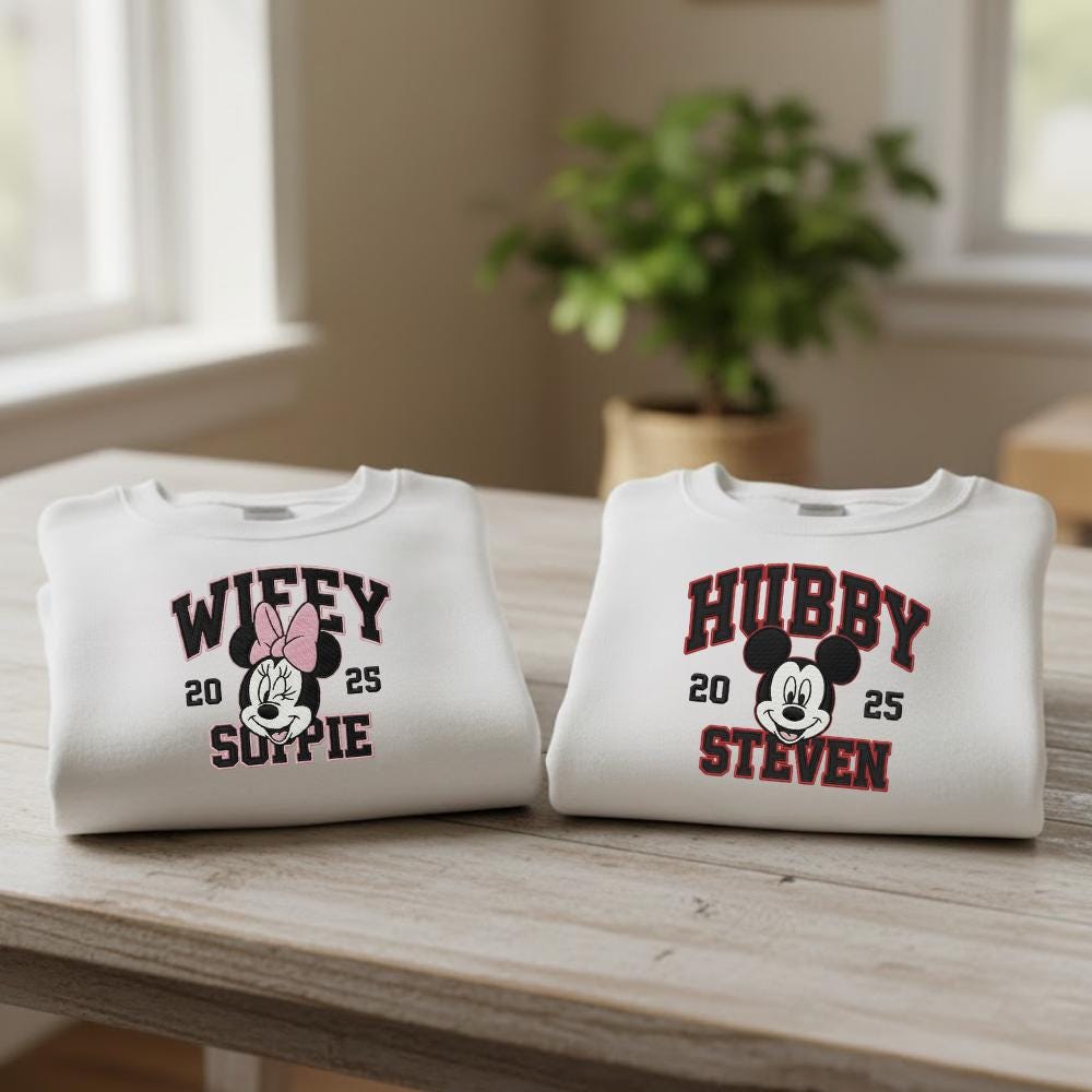 Custom Name Wifey Hubby Mickey Minnie Couple Sweatshirt Personalised Year Of Anniversary