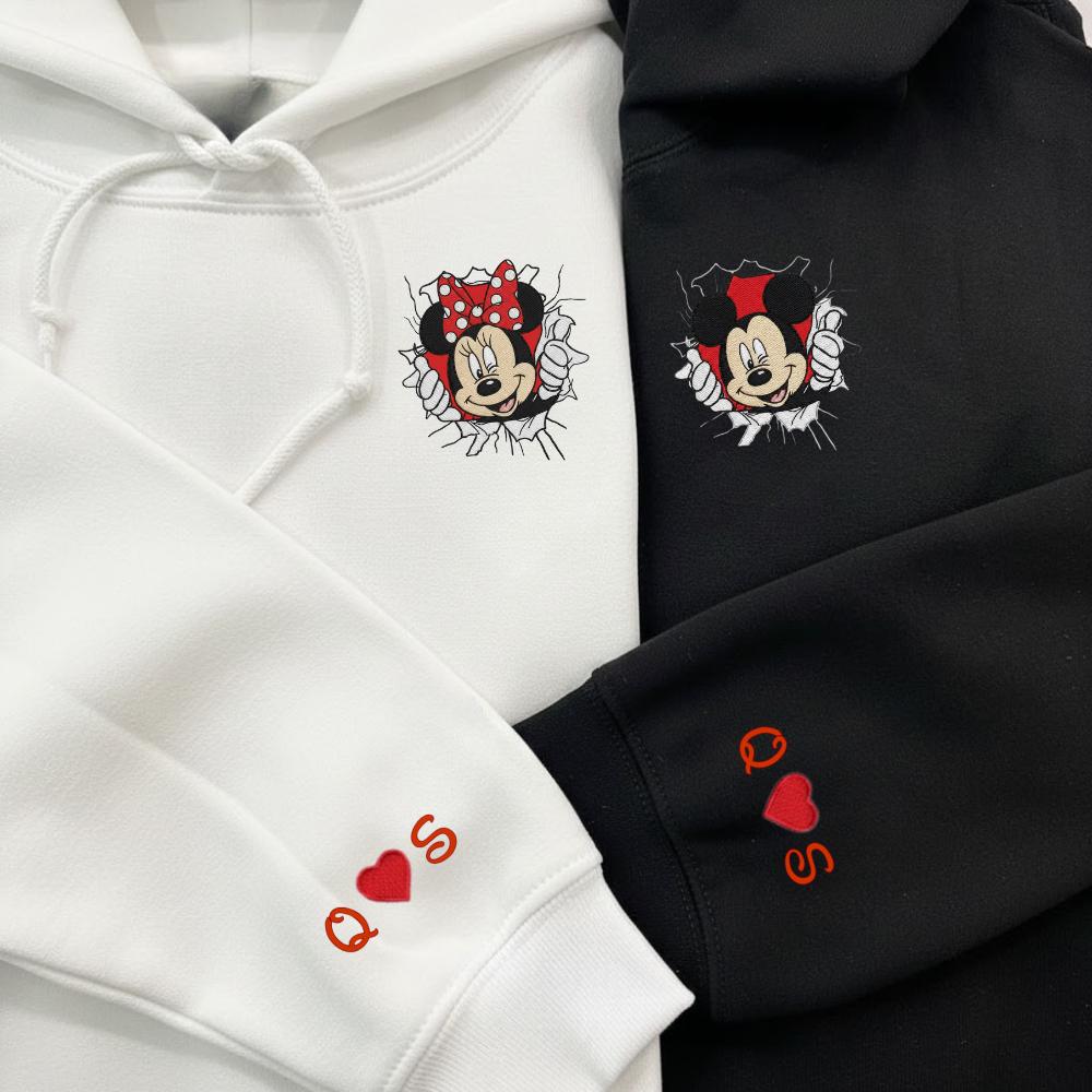 Custom Couple Minnie Mickey Embroidered Sweatshirt Initials With Heart On Sleeve Wedding Anniversary Gift