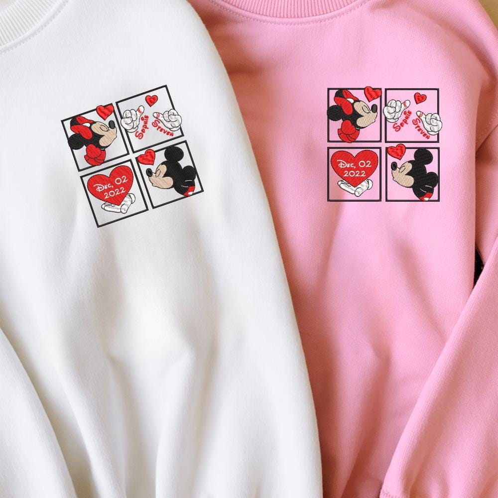 Custom Name Mickey Minnie Disney Couple Embroidered Sweatshirt Personalised Date Anniversary