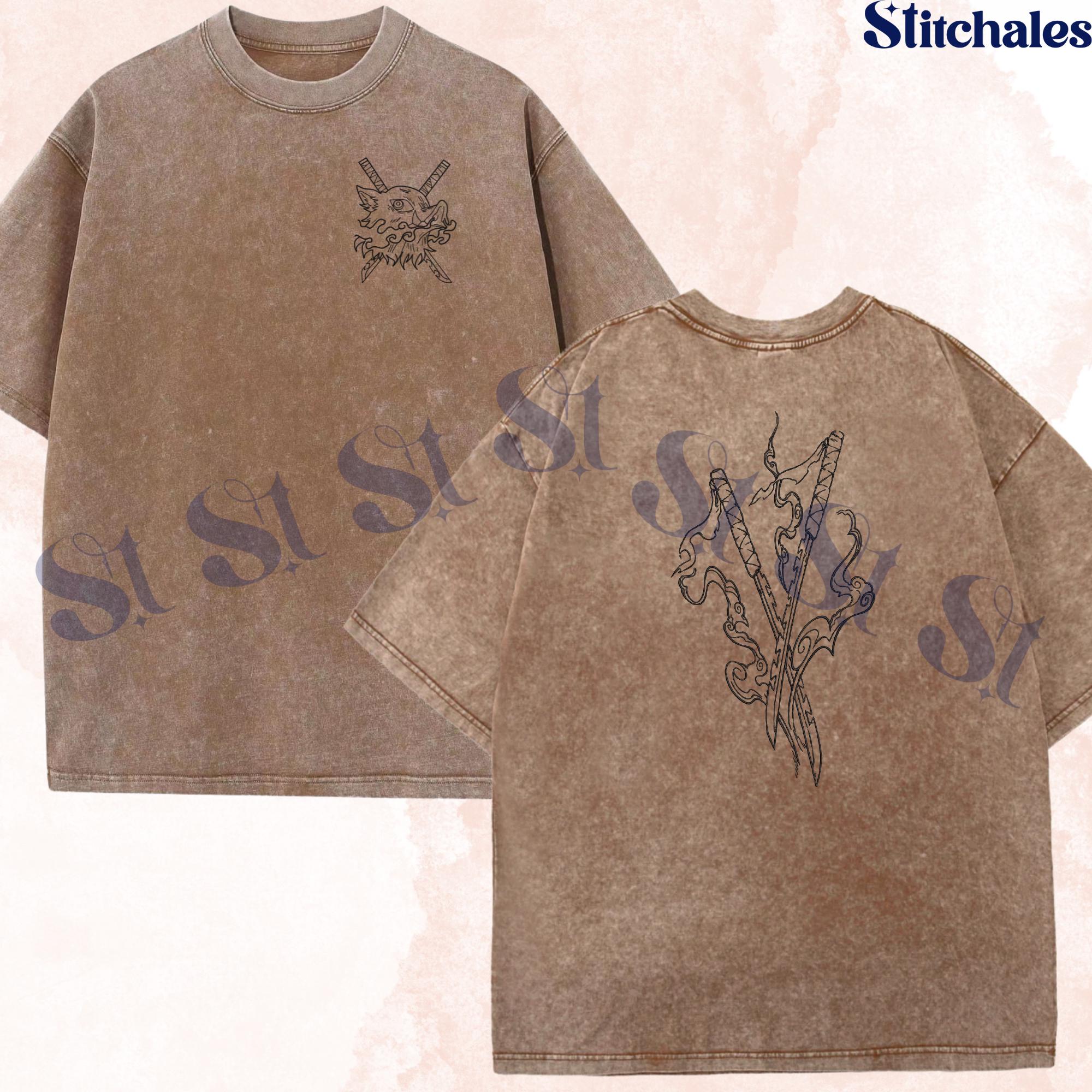 Embroidered Inosuke Beast Breathing Washed Shirt, Second Form-Rip And Tear Design, Perfect Gifts For KnY Lovers