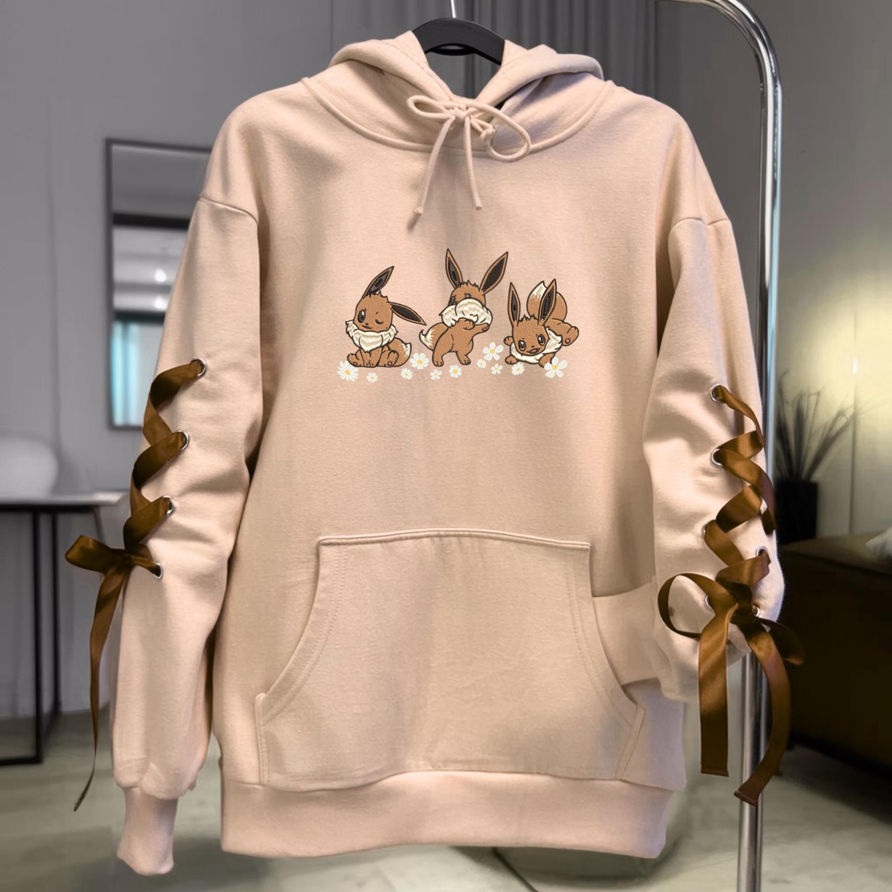 Embroidery Eve PKM Ribbon Sweatshirt Evolution Daisy Flower Anime Hoodie Trendy Coquette Bow Gift For Fan