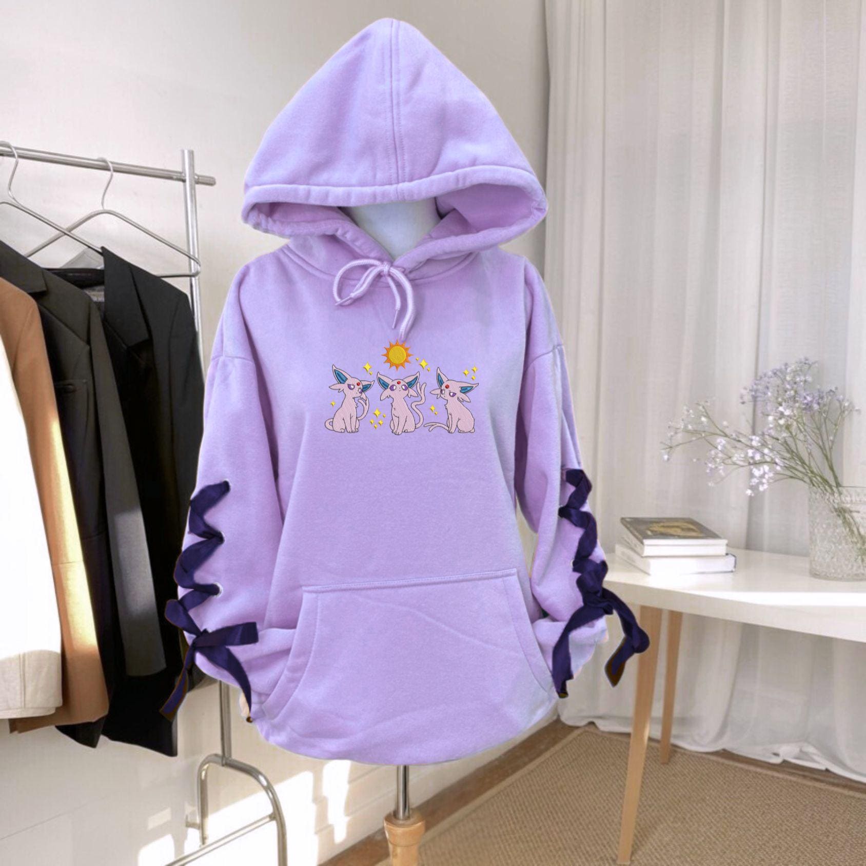 Embroidery Espon PKM Ribbon Sweatshirt Eve Evolution Ice Fresh Snow Anime Hoodie Trendy Coquette Bow Gift For Fan