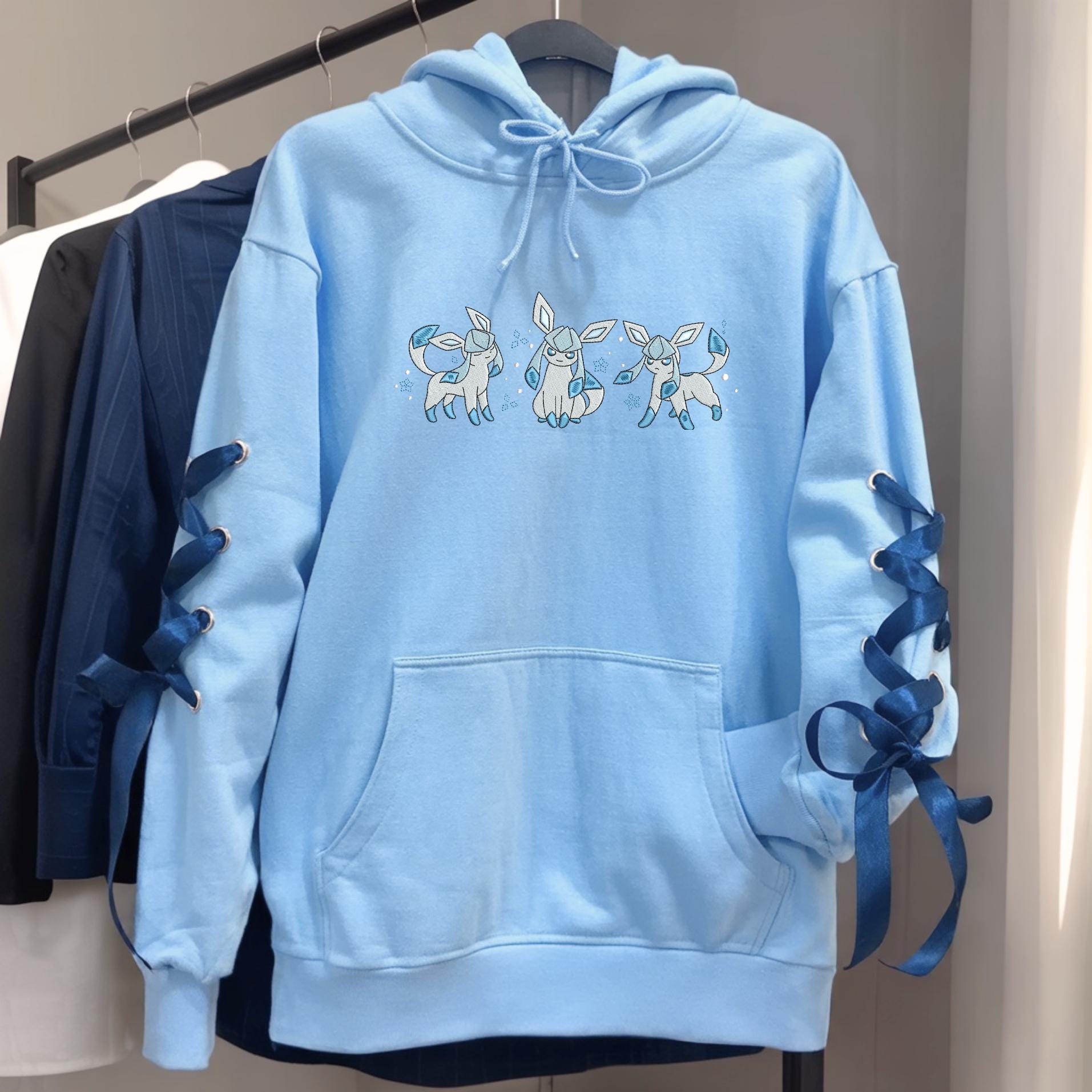 Embroidery Gaceon PKM Ribbon Sweatshirt Eve Evolution Ice Fresh Snow Anime Hoodie Trendy Coquette Bow Gift For Fan