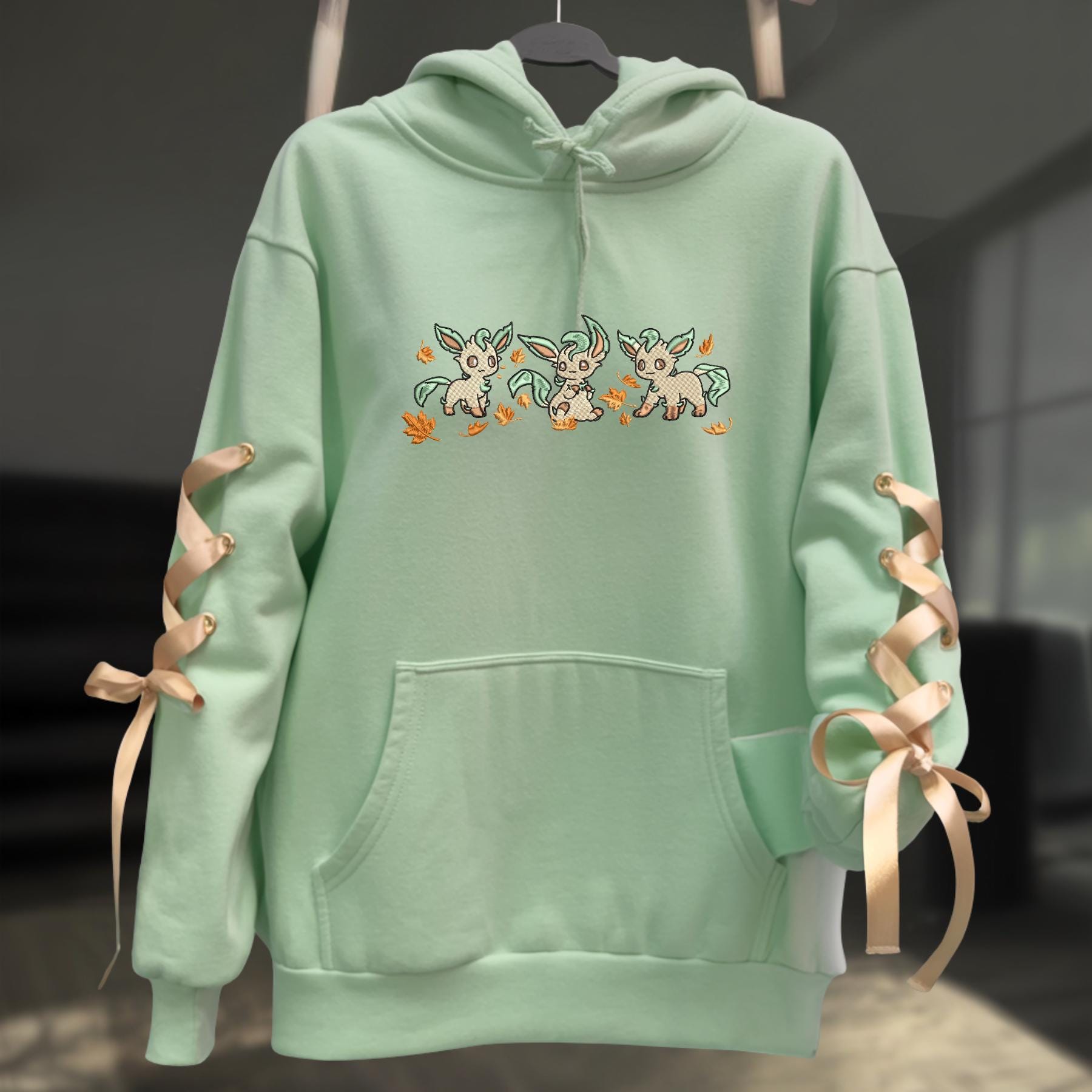Embroidery Leafon PKM Ribbon Sweatshirt Eve Evolution Grass Autumn Leaf Anime Hoodie Trendy Coquette Bow Gift For Fan
