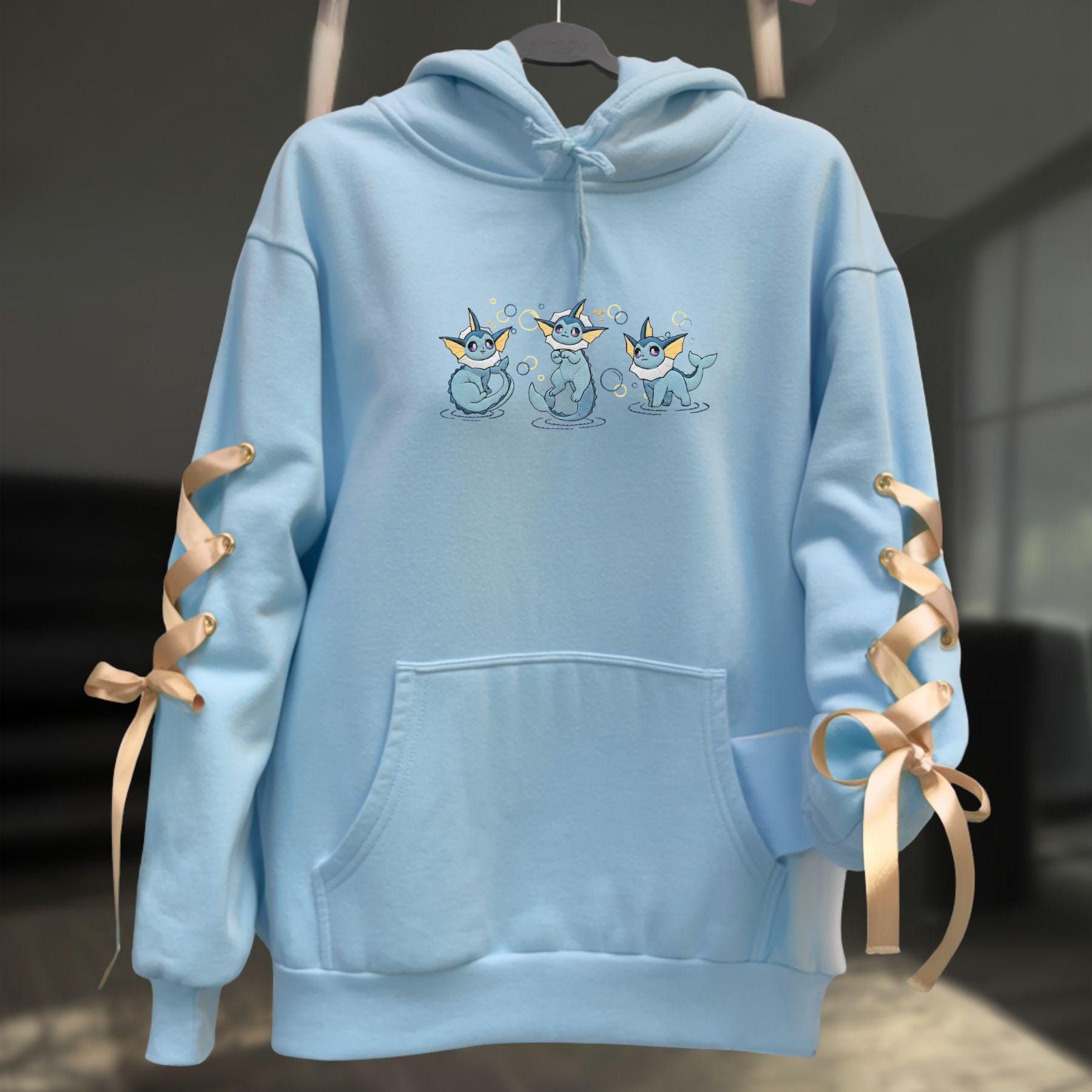 Embroidery Vaporon PKM Ribbon Sweatshirt Eve Water Bubble Jet Anime Hoodie Trendy Coquette Bow Gift For Fan