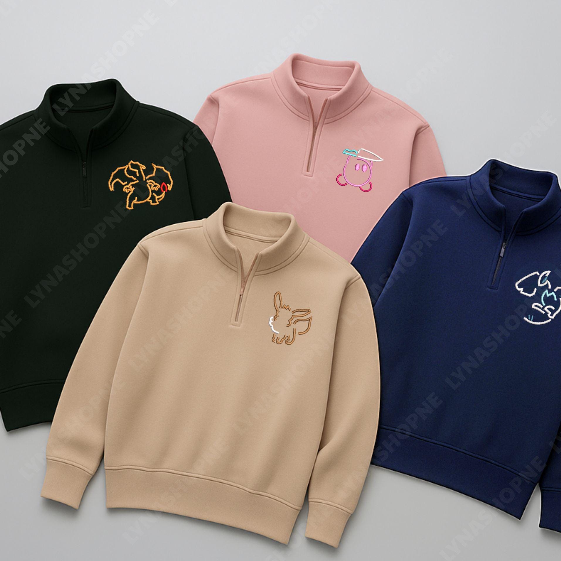 PKM Outline Custom Embroidered Cotton Quarter Zip Persionalize Anime Poka Mon Pocket Beast Shirt Fan Gift