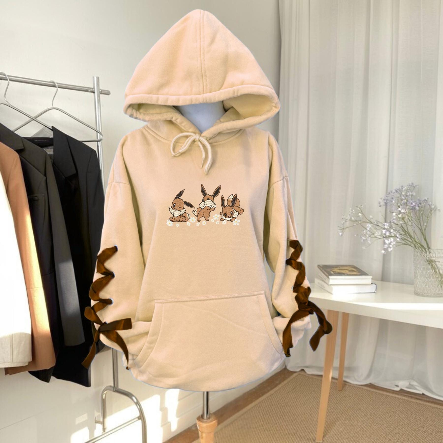 Embroidery Eve PKM Ribbon Sweatshirt Evolution Daisy Flower Anime Hoodie Trendy Coquette Bow Gift For Fan