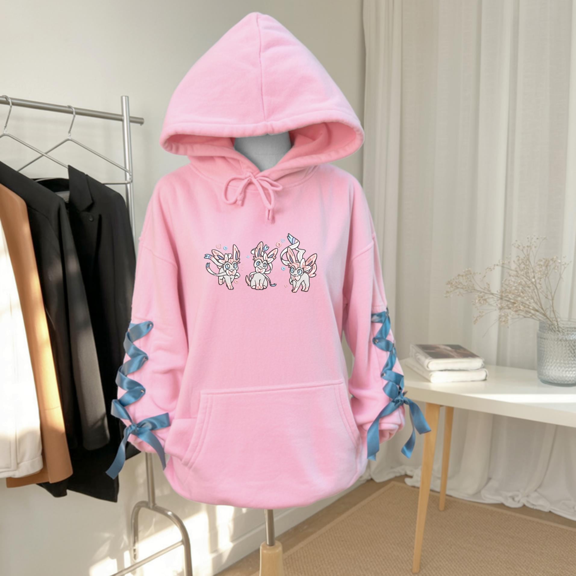 Embroidery Syveon PKM Ribbon Sweatshirt Eve Evolution Fairy Cute Charm Anime Hoodie Trendy Coquette Bow Gift For Fan