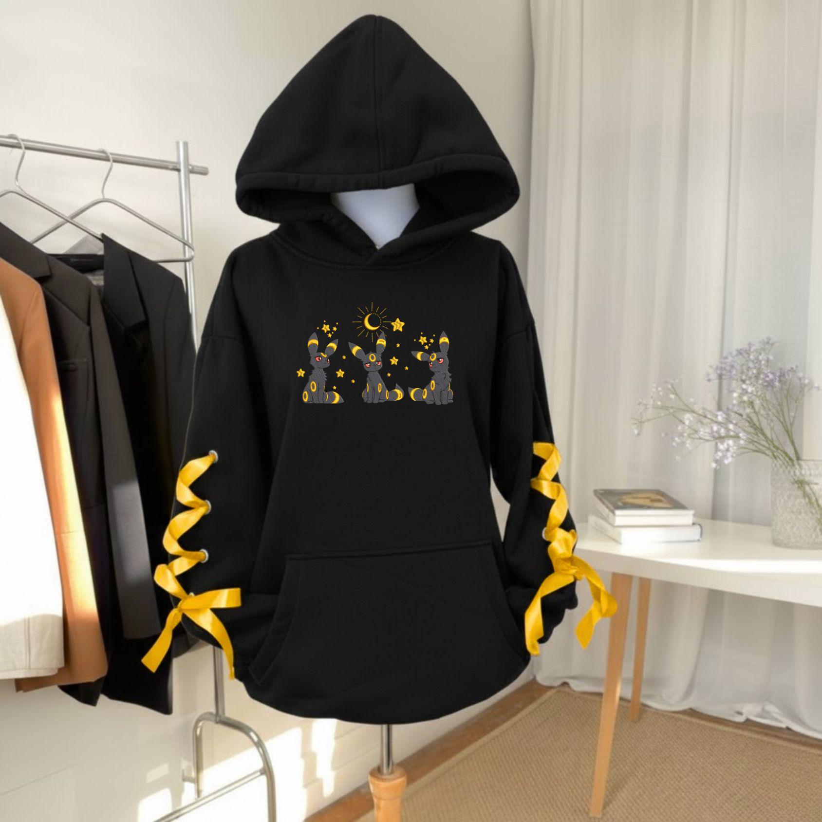 Embroidery Umbeon PKM Ribbon Sweatshirt Eve Evolution Ice Fresh Snow Anime Hoodie Trendy Coquette Bow Gift For Fan