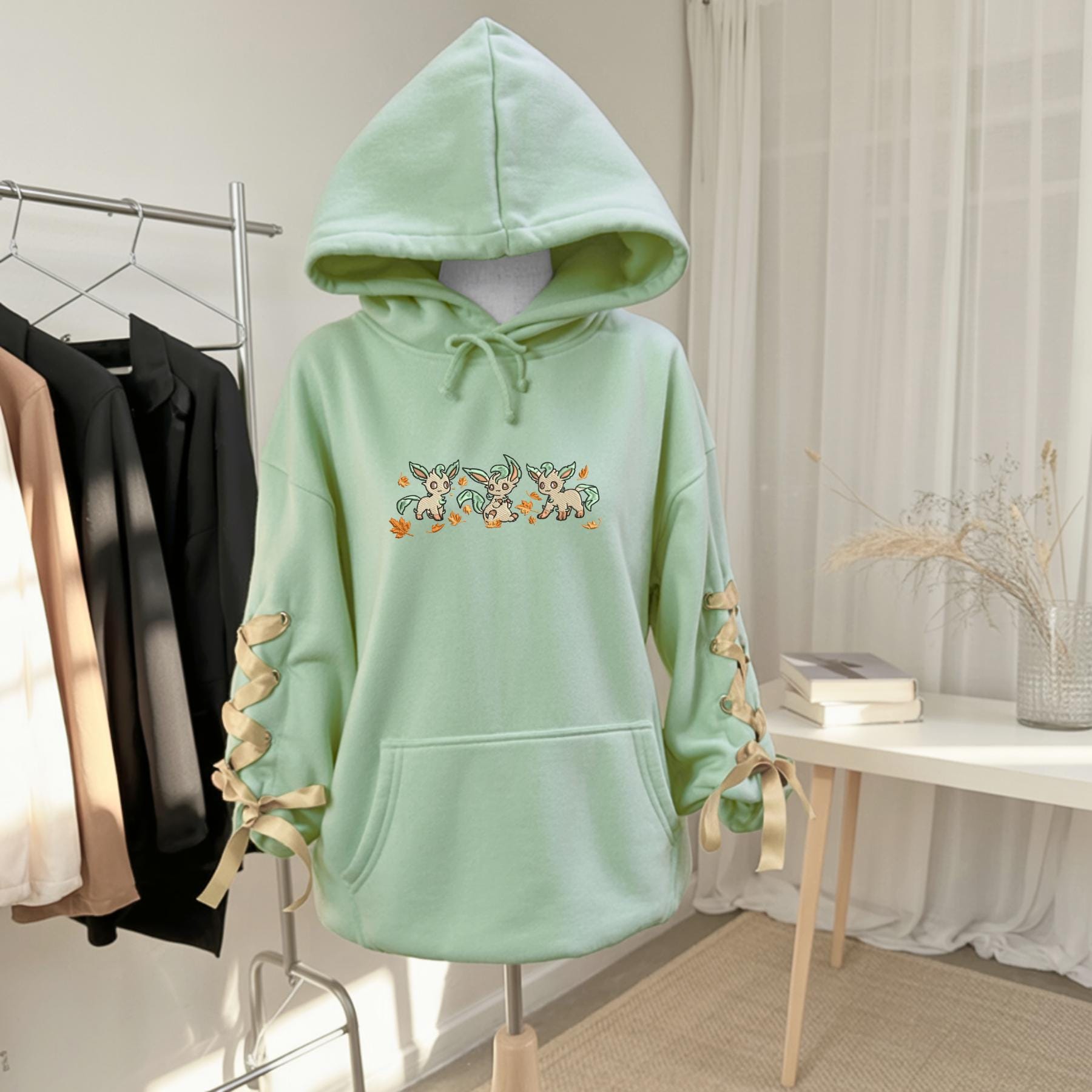 Embroidery Leafon PKM Ribbon Sweatshirt Eve Evolution Grass Autumn Leaf Anime Hoodie Trendy Coquette Bow Gift For Fan