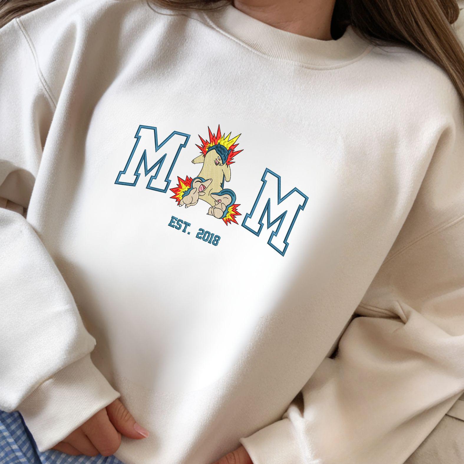 Personalized Mom PKM Embroidered Sweatshirt Custom Anime Characters Embroidery Pokemom Unisex Cotton Shirt