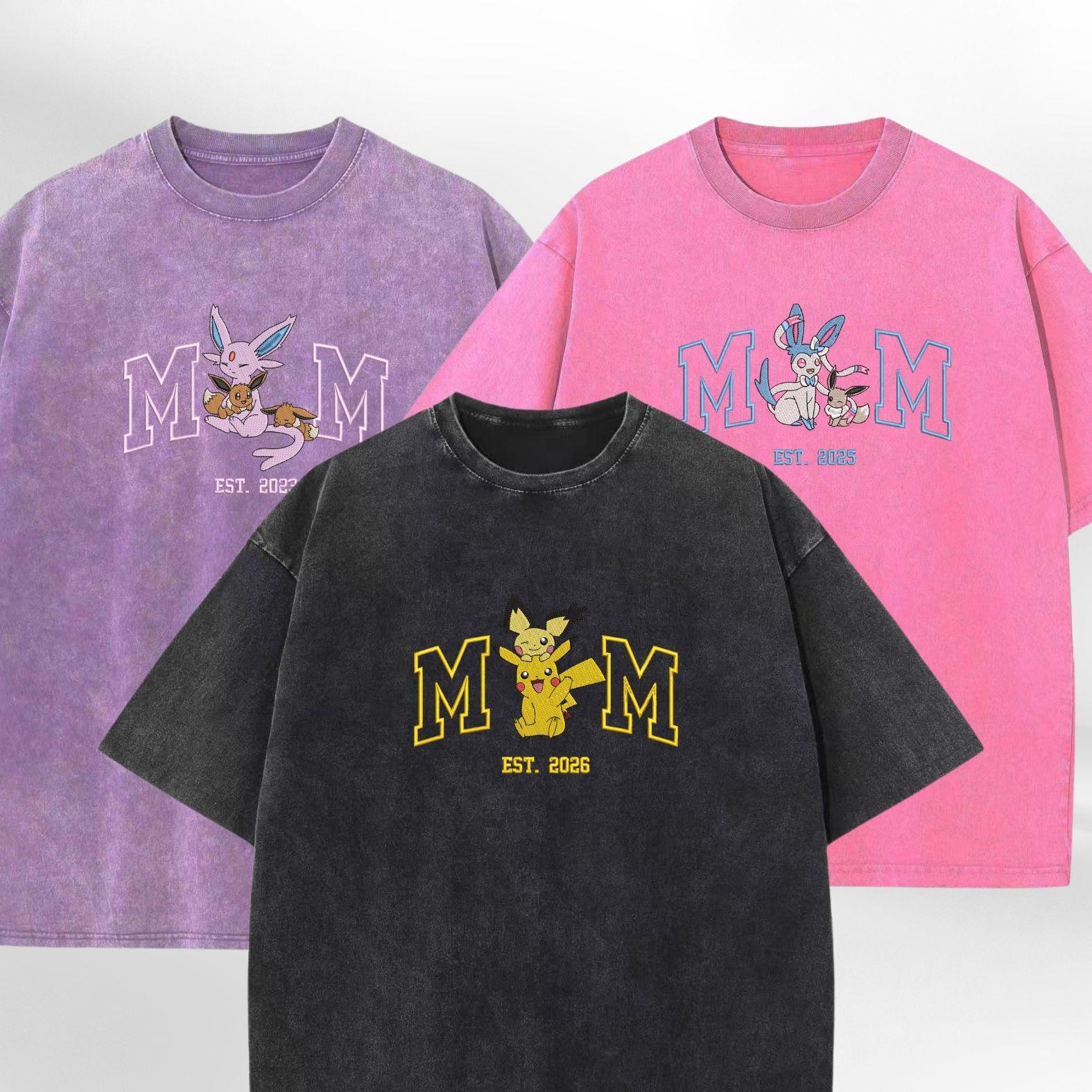 Personalized Mom PKM Embroidered Washed Shirt Custom Anime Characters Embroidery Pokedad Unisex Cotton