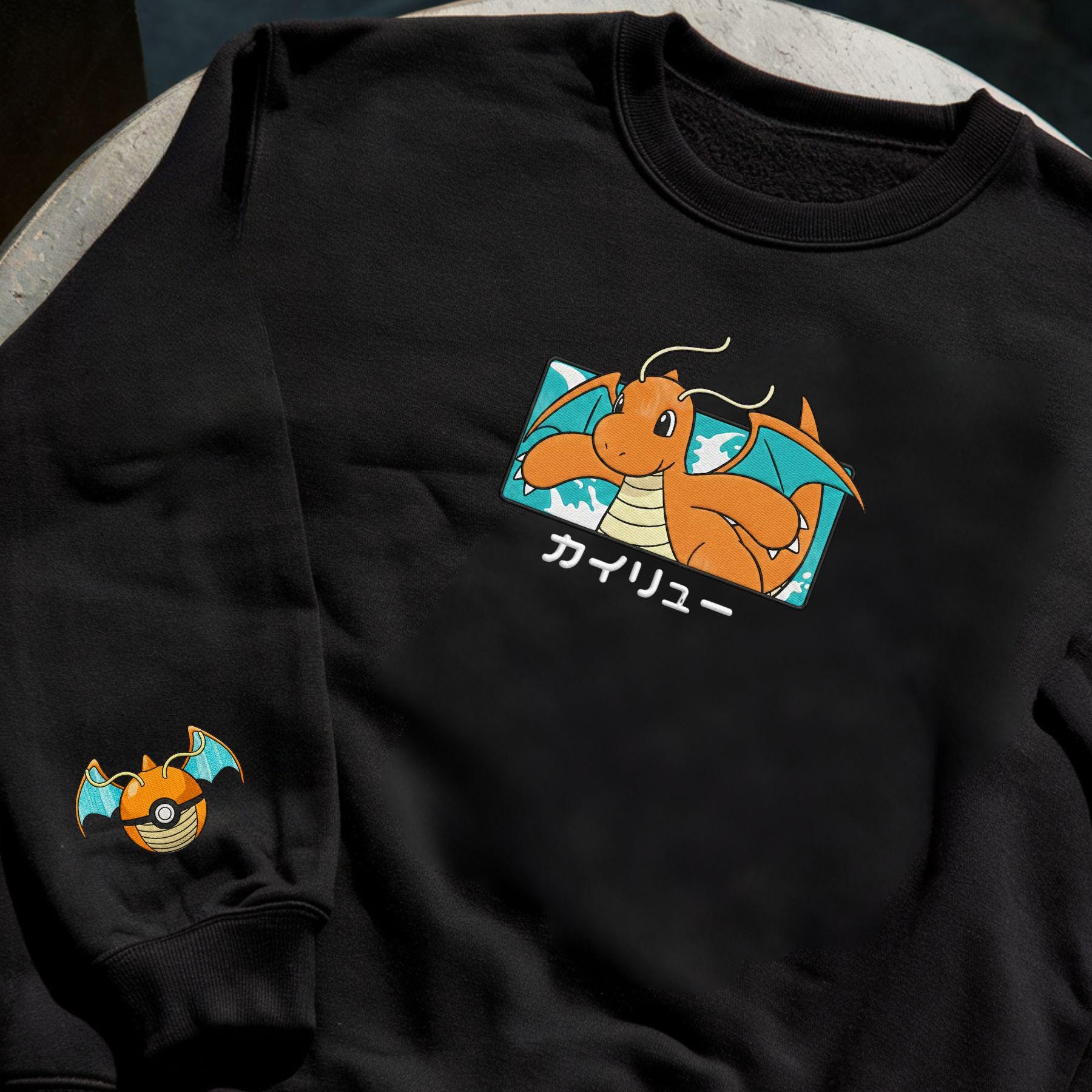Dragonite Embroidered Sweatshirt Pokeball Dragon Flying On Sleeve Whimsical Fishy Gifts Anime Fan Gift