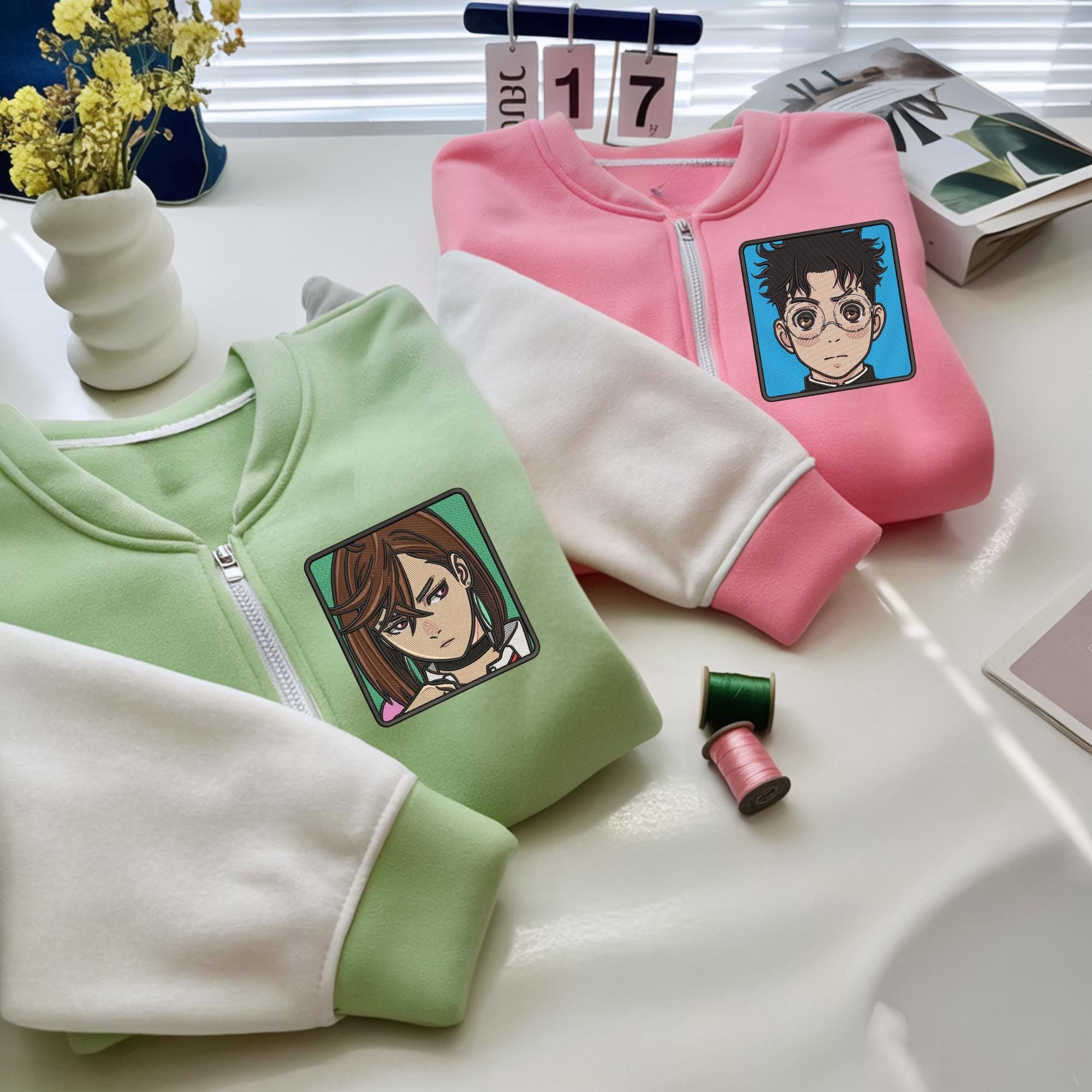 Embroidered Anime Zip Hoodie: Alien And Yokai Bomber Turbo Granny Design