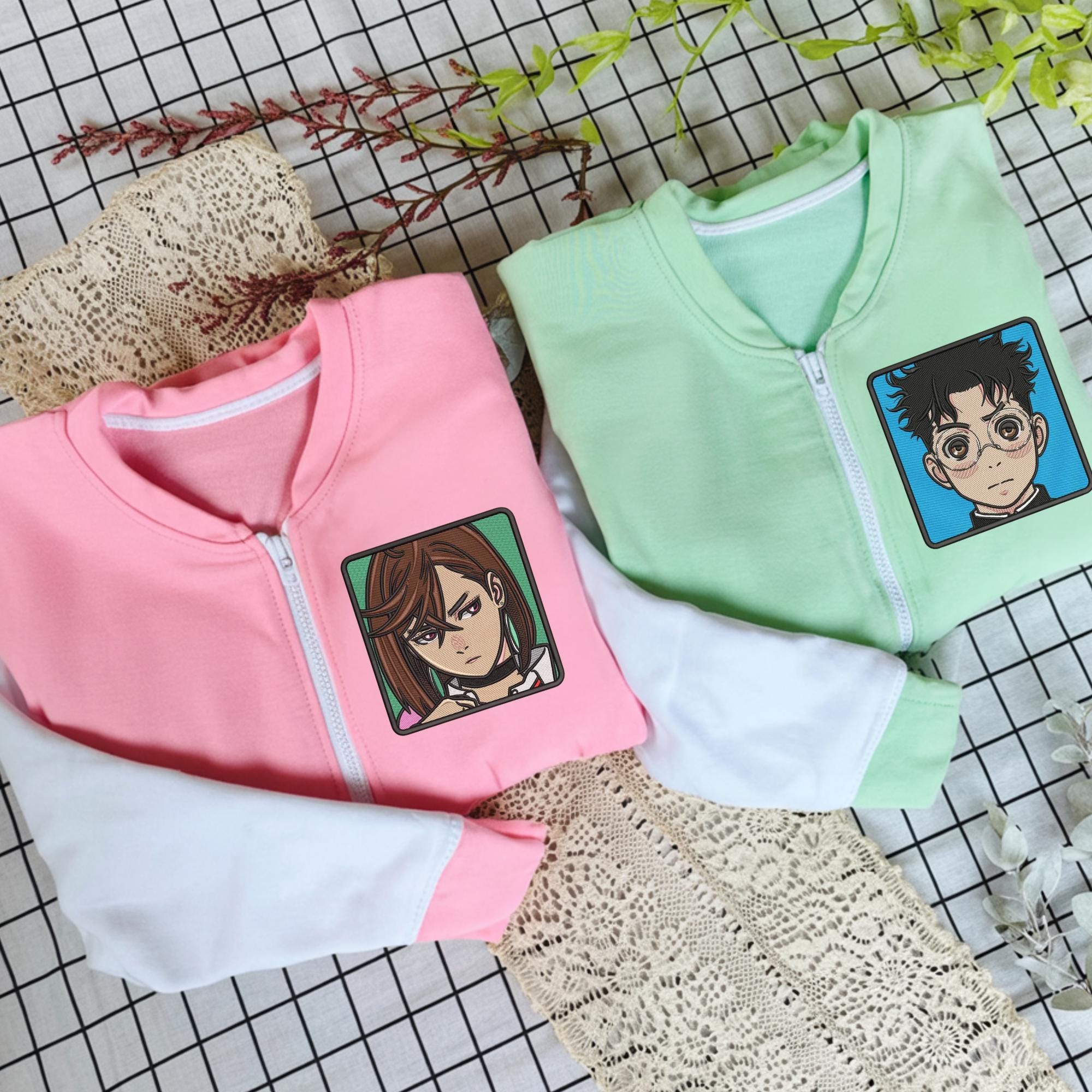 Embroidered Anime Zip Hoodie: Alien And Yokai Bomber Turbo Granny Design