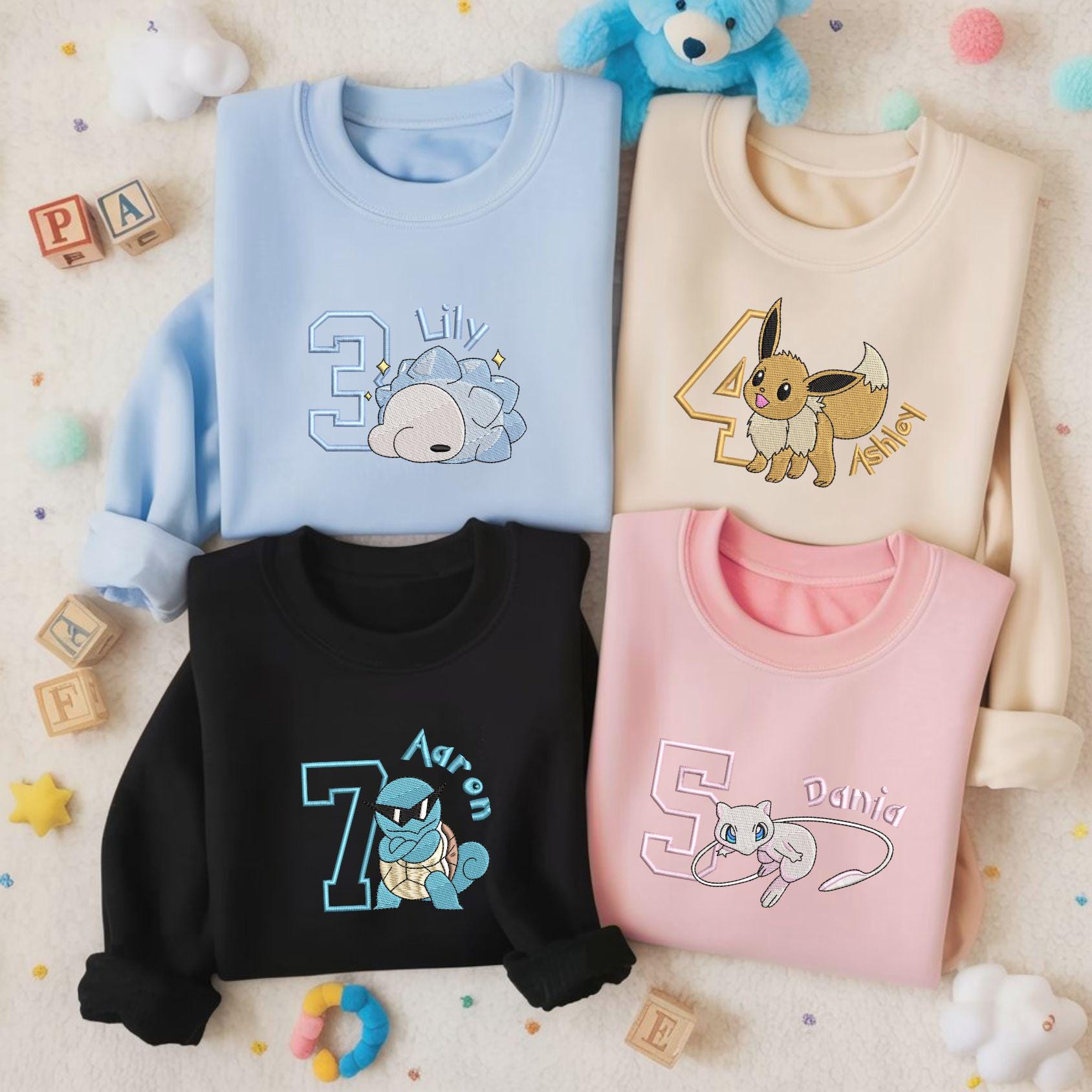 Personalized Poke Birthday Embroidered Sweatshirt Family Matching Shirt Custom Name And Age Pkm Gift For PKM Fan Personalized Poke Birthday Embroidered Sweatshirt Family Matching Shirt Custom Name And Age Pkm Gift For PKM Fan