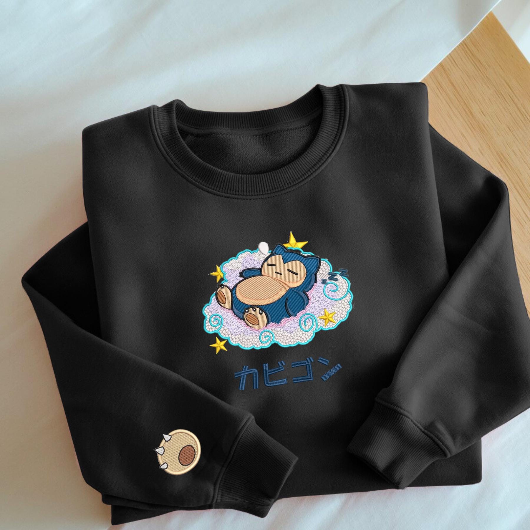 Embroidery Snorlax Poke Sweatshirt Sleeping PKM Moon On The Cloud Anime Embroidered Gift For Fan