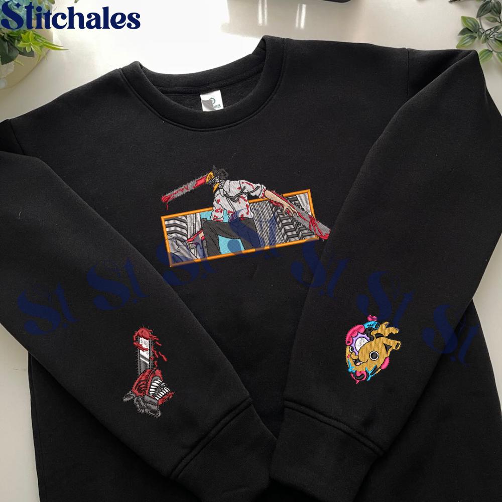 Embroidered Anime Sweatshirt: Hybrid Devil And Fiend Design Gifts For Chainsaw Lovers Embroidered Anime Sweatshirt: Hybrid Devil And Fiend Design Gifts For Chainsaw Lovers