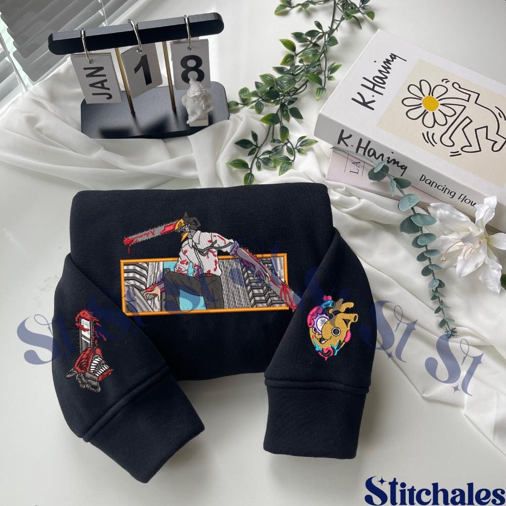 Embroidered Anime Sweatshirt: Hybrid Devil And Fiend Design Gifts For Chainsaw Lovers Embroidered Anime Sweatshirt: Hybrid Devil And Fiend Design Gifts For Chainsaw Lovers