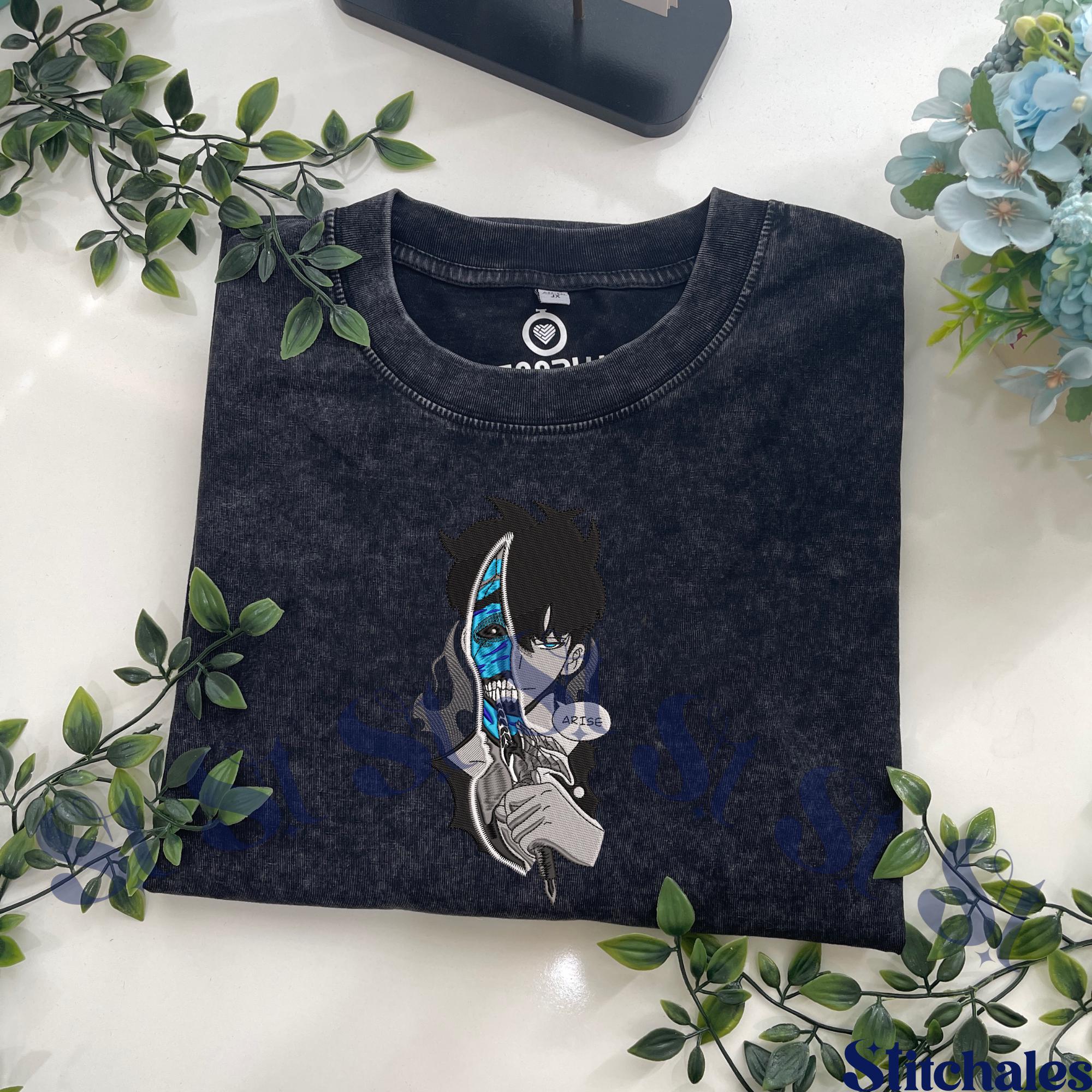 I Alone Level Up – Hybrid Print & Embroidery Anime Washed Shirt: The Monarch Shadow Design Fathers Day Gifts For Lovers