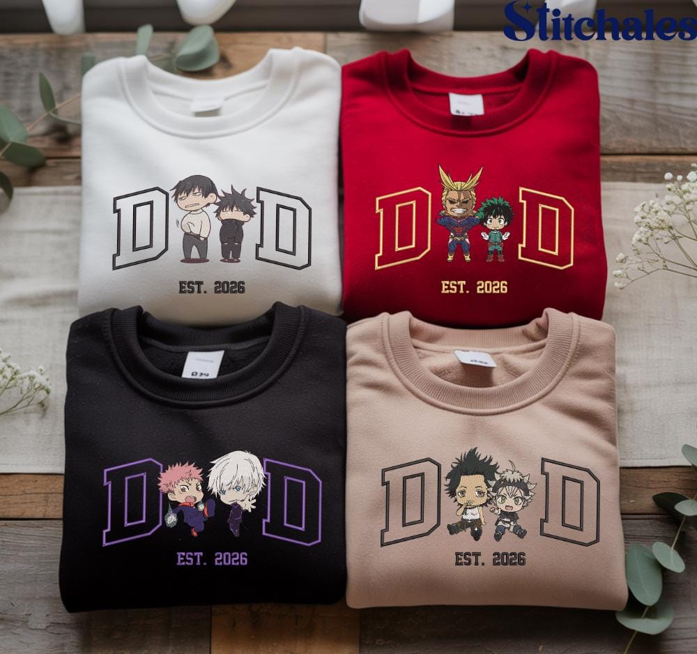 Personalized Dad Anime Embroidered Sweatshirt Custom Characters Embroidery AnimeDad TShirt Fathers Day Gifts For Lovers