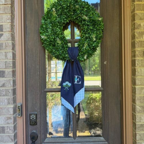 Reviews 73 Personalized Blue Hydrangea Embroidered Wreath Sash – Custom Monogram Door Decor photo review