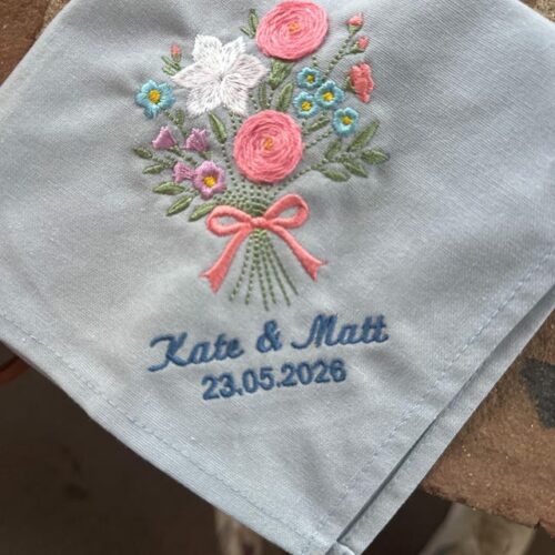 Wedding Bouquet Embroidered Handkerchief – Personalized Bride & Groom Names Keepsake photo review