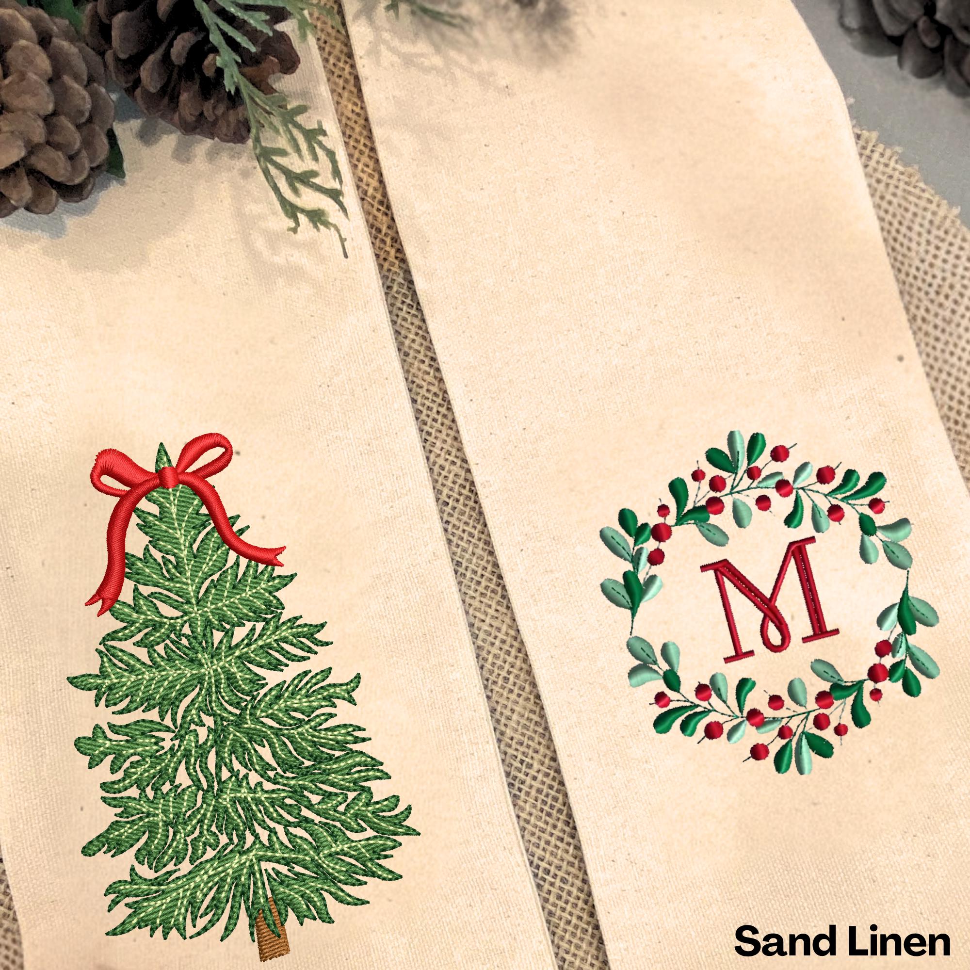 Personalized Christmas Bow Tree Embroidered Wreath Sash – Custom Monogram Linen Door Decor