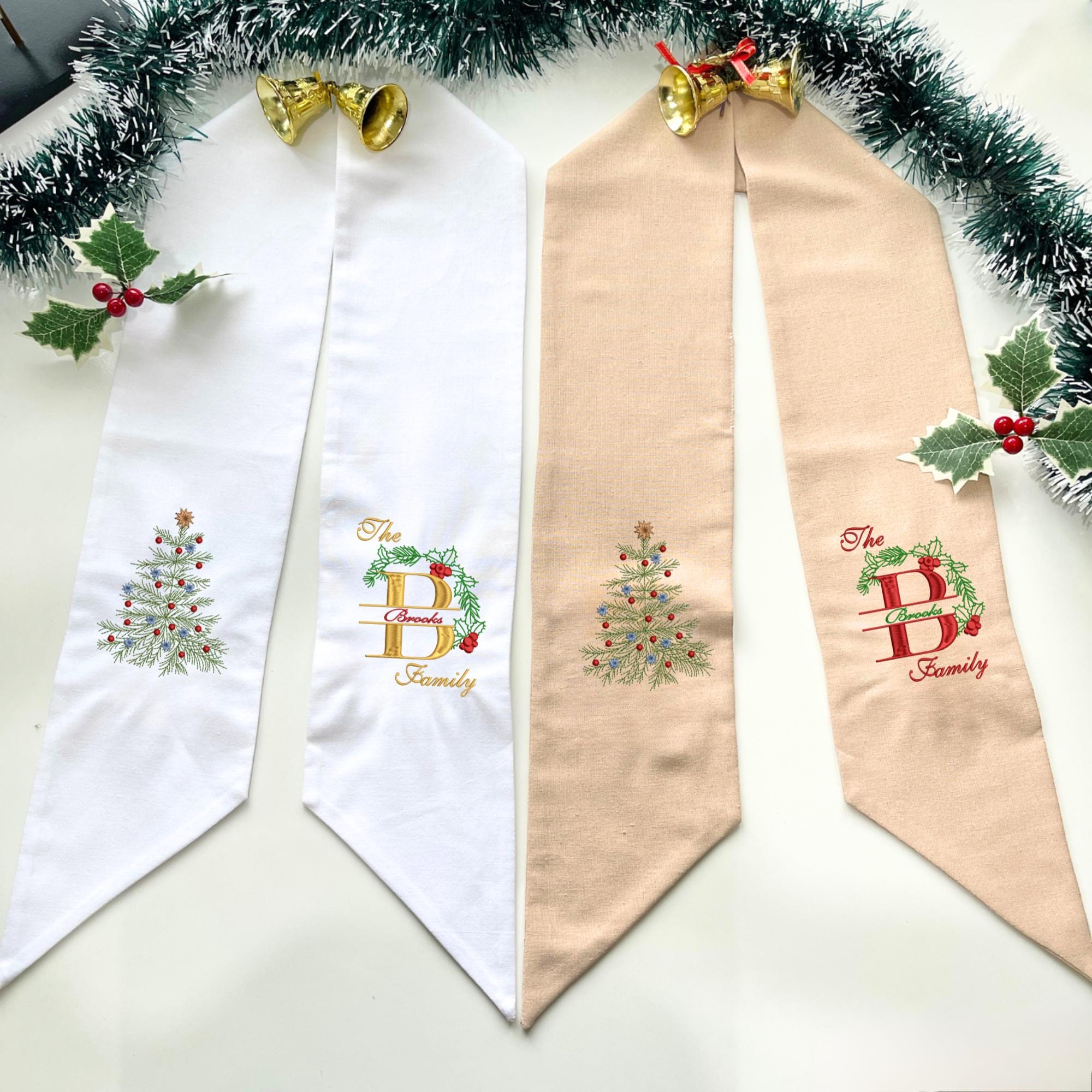 Personalized Family Name Christmas Wreath Sash – Embroidered Bow Tree Monogram