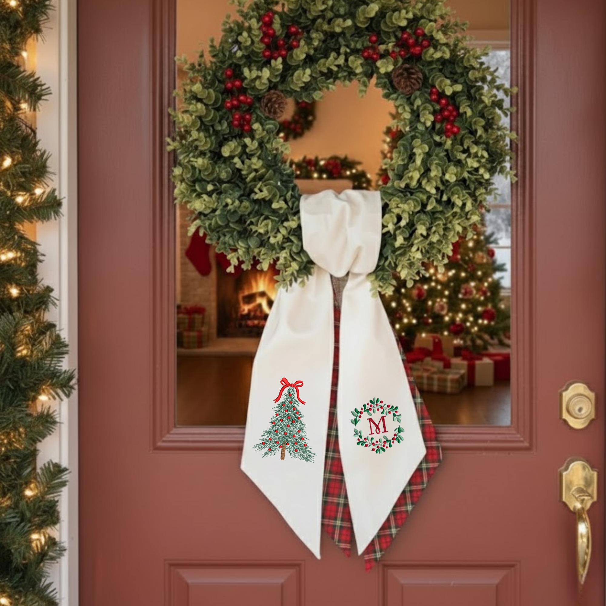 Personalized Christmas Tree Embroidered Wreath Sash – Custom Monogram Bow Linen Decor Personalized Christmas Tree Embroidered Wreath Sash – Custom Monogram Bow Linen Decor