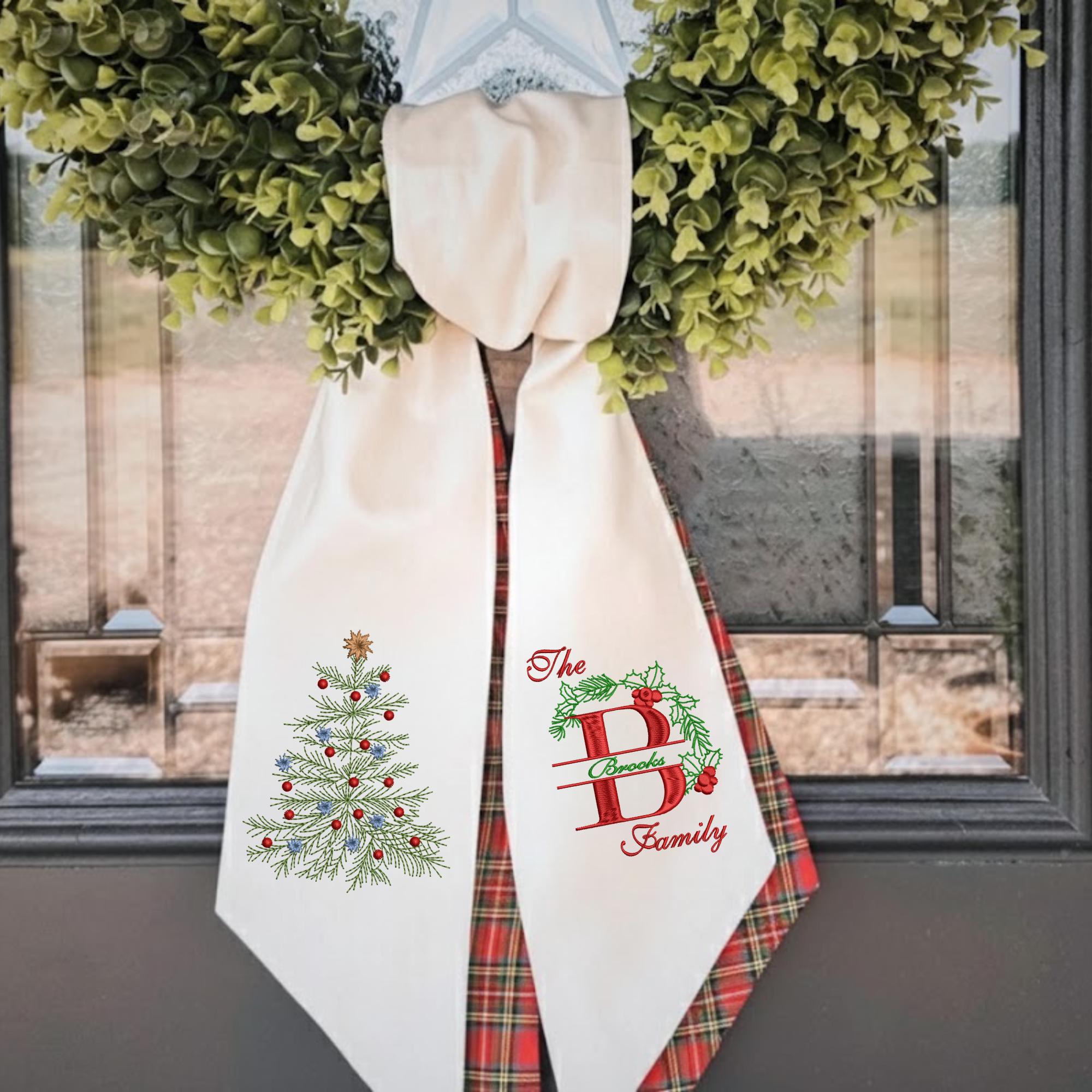 Personalized Family Name Christmas Wreath Sash – Embroidered Bow Tree Monogram