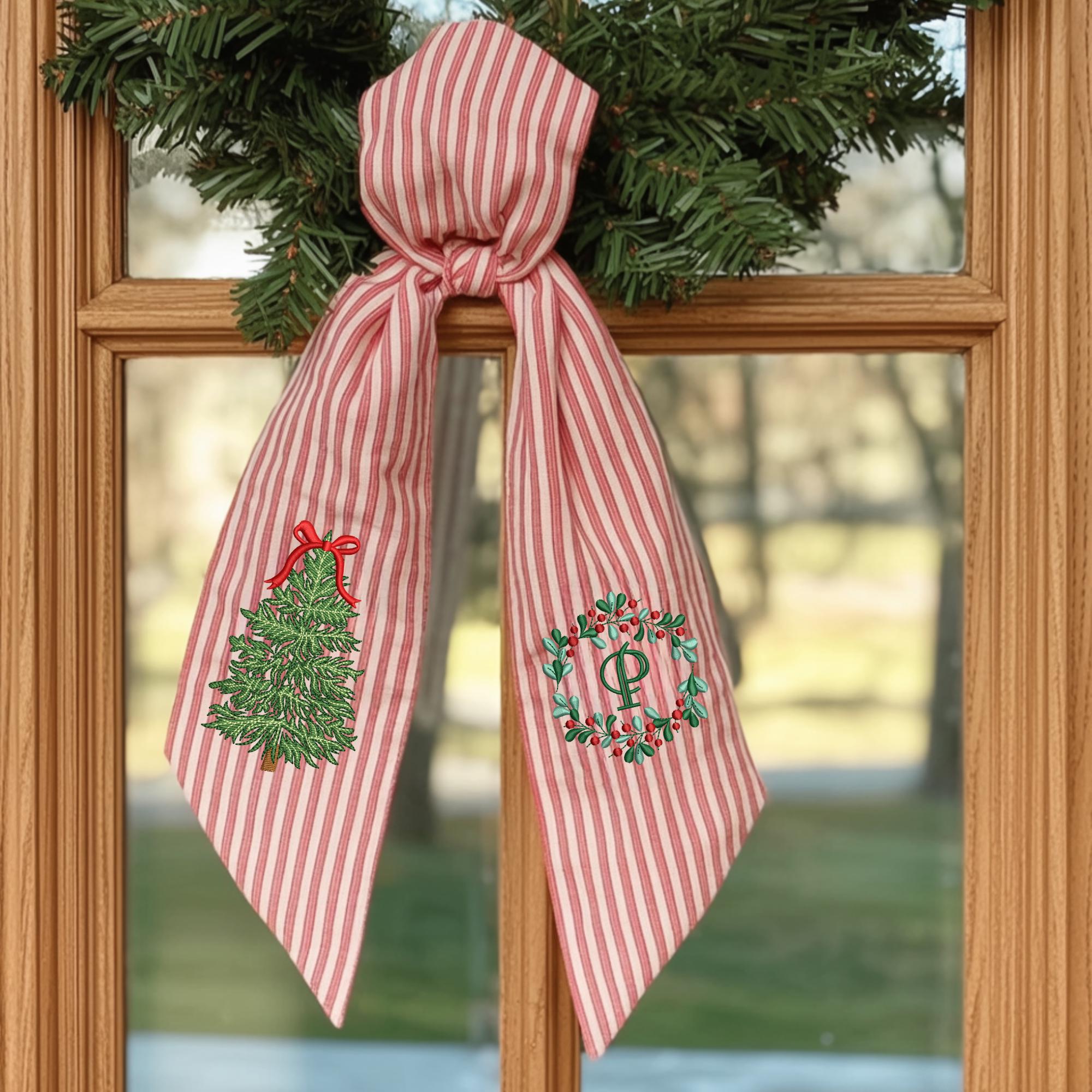 Personalized Embroidered Christmas Wreath Sash – Floral Letter Monogram Tree Bow