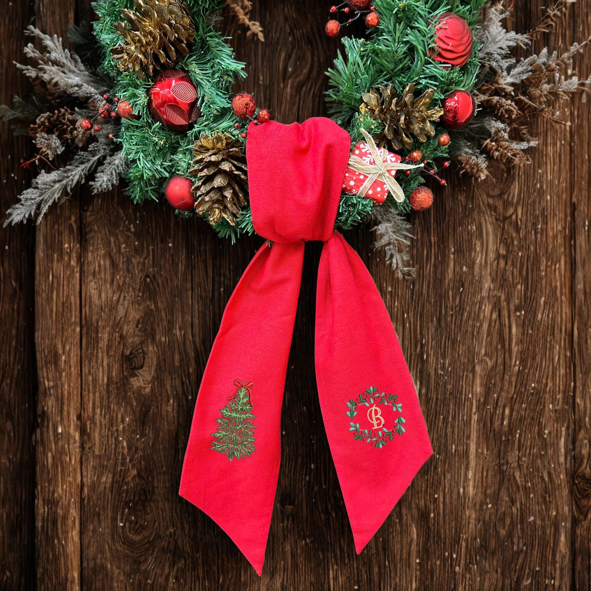 Personalized Embroidered Christmas Wreath Sash – Floral Letter Monogram Tree Bow Personalized Embroidered Christmas Wreath Sash – Floral Letter Monogram Tree Bow