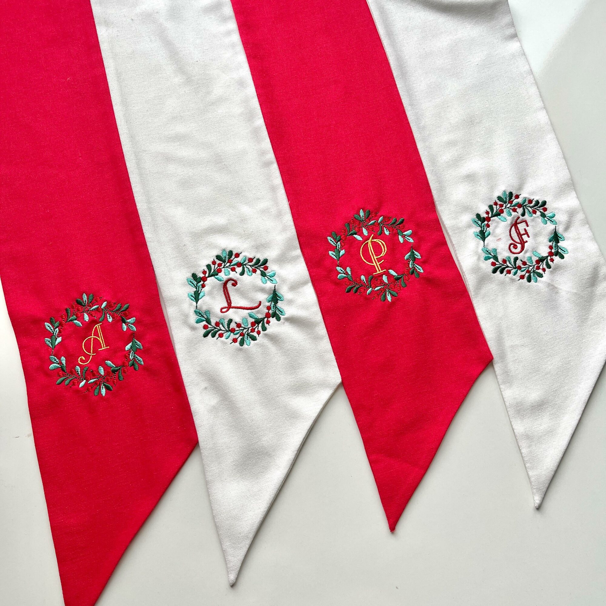 Christmas Bow Tree With Personalized Monogram Letter Embroidered Wreath Sash, Custom Name Organic Linen Winter Embroidery Sash Door Decor